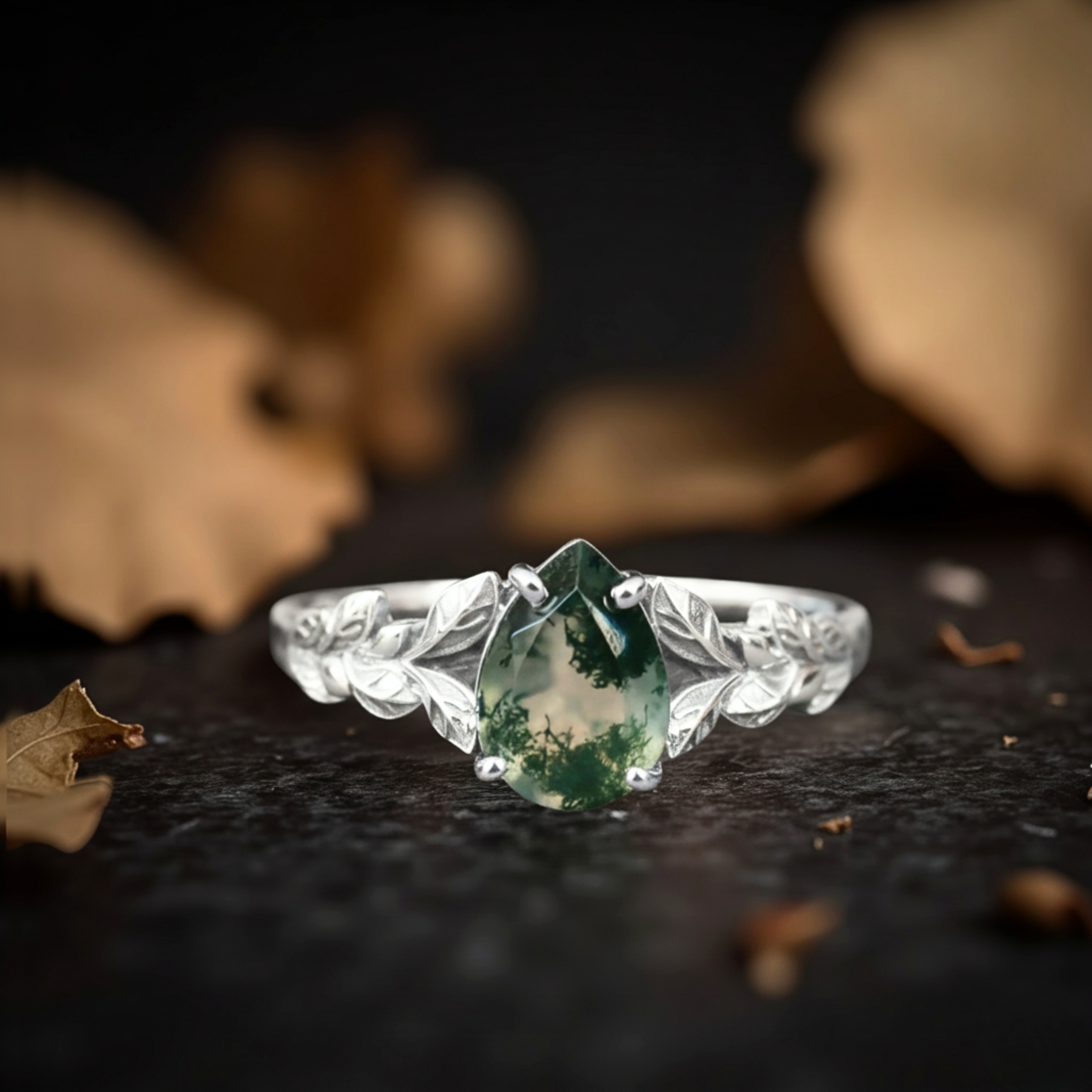 Vintage Drop Moss Agate Engagement Ring, Art deco Leaf Promise Ring, 14k Gold Branches Nature Inspired Ring, Anniversary Gift