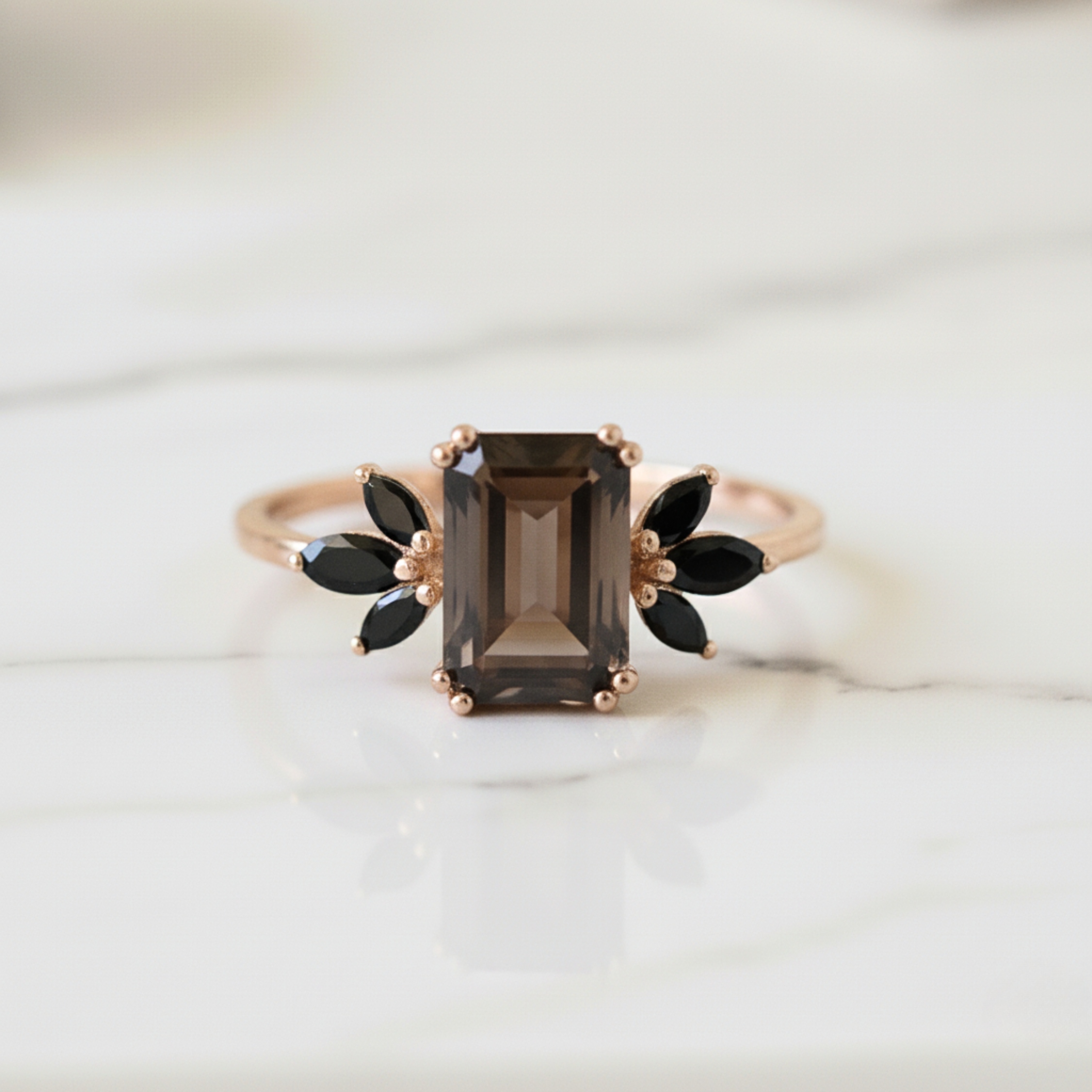 Emerald Cut Smoky Quartz & Marquise Black Onyx Ring, Solitaire Ring, 14K Rose Gold Smoky Quartz Engagement Ring, Anniversary Gift For Women