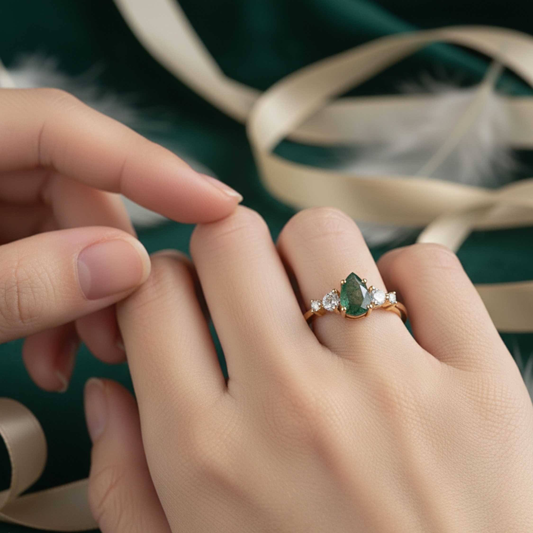 Moss Agate Engagement Ring Pear Cut Vintage Solid Gold Agate Ring Unique Cluster Green Stone Moissanite Wedding Ring Bridal Ring Anniversary