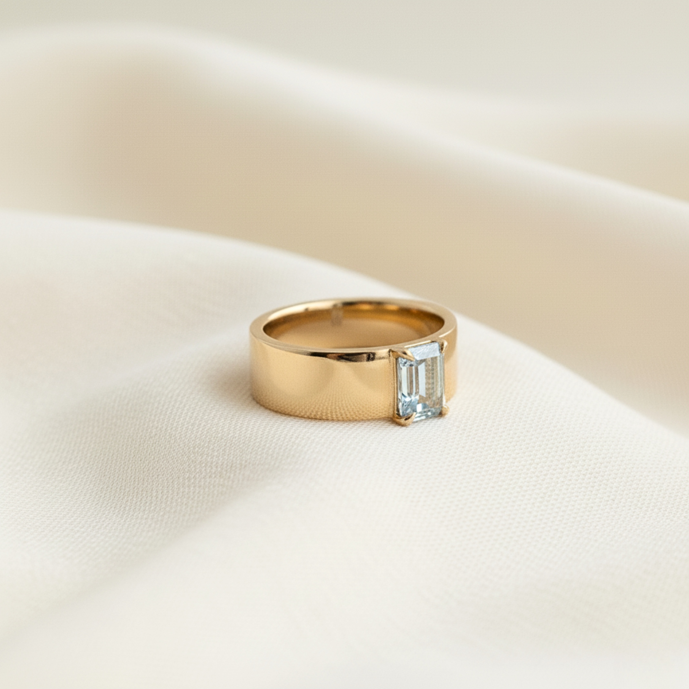 Emerald Cut Aquamarine Gemstone Ring, Vintage 14k Solid Gold Solitaire Thick Wide Band Engagement Ring, Gift March Birthstone Gift For Her