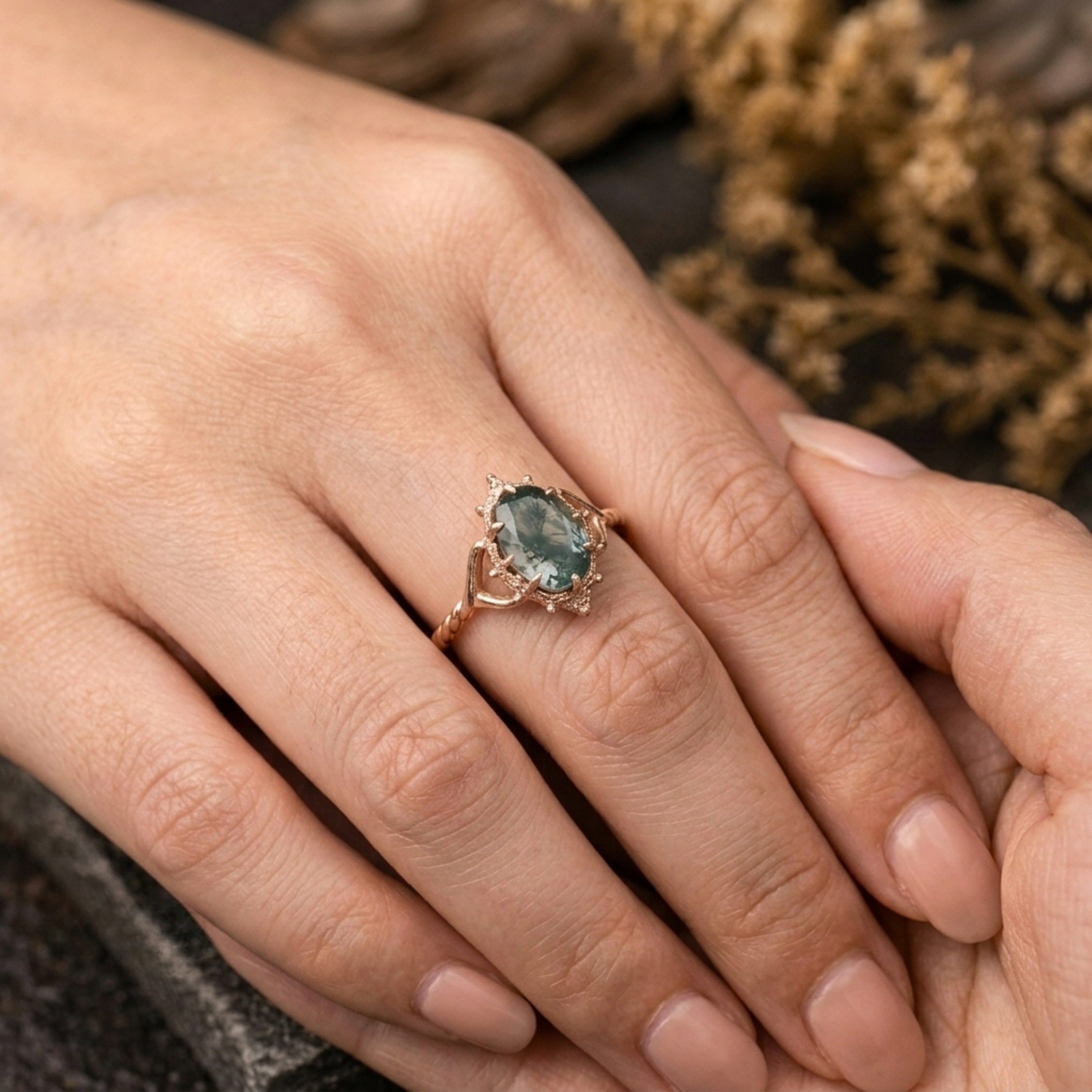 Art Deco Oval Moss Agate Engagement Ring, Vintage Style, Green Gemstone Bridal Anniversary Gift