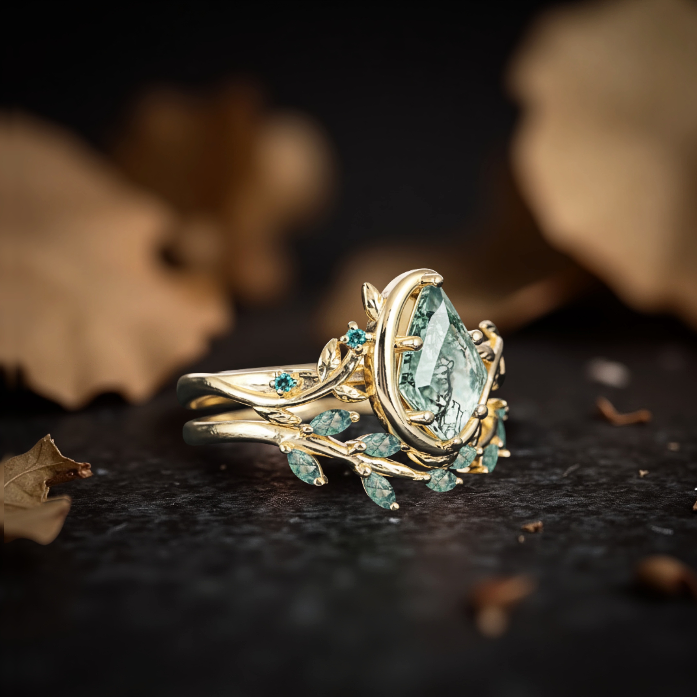 Vintage Kite Moss Agate Engagement Ring Set 14k Solid Gold Leaf Women Moon Green Gemstone Ring Bridal Set Promise Ring Anniversary Gift
