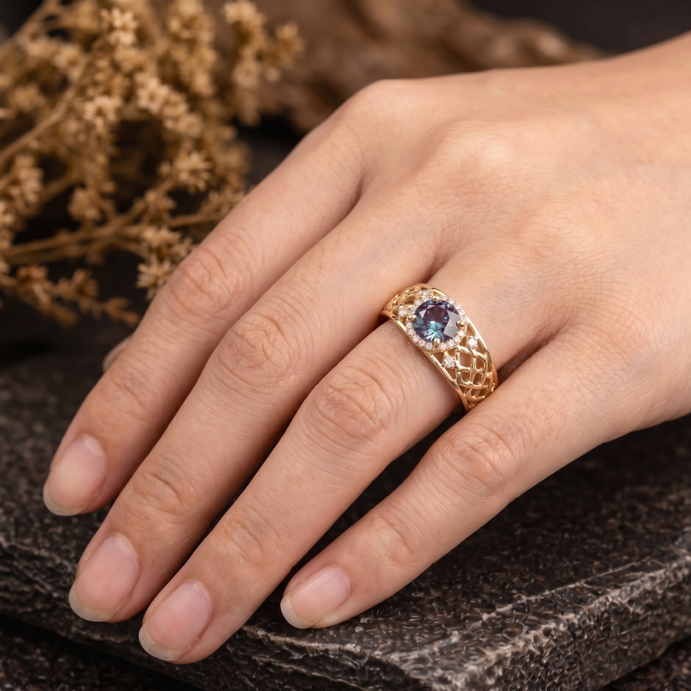 Vintage Round Cut Alexandrite Engagement Ring, 14k Gold Wide Band June Birthstone Wedding Men's Ring Unisex Jewelry Promise Anniversary Gift
