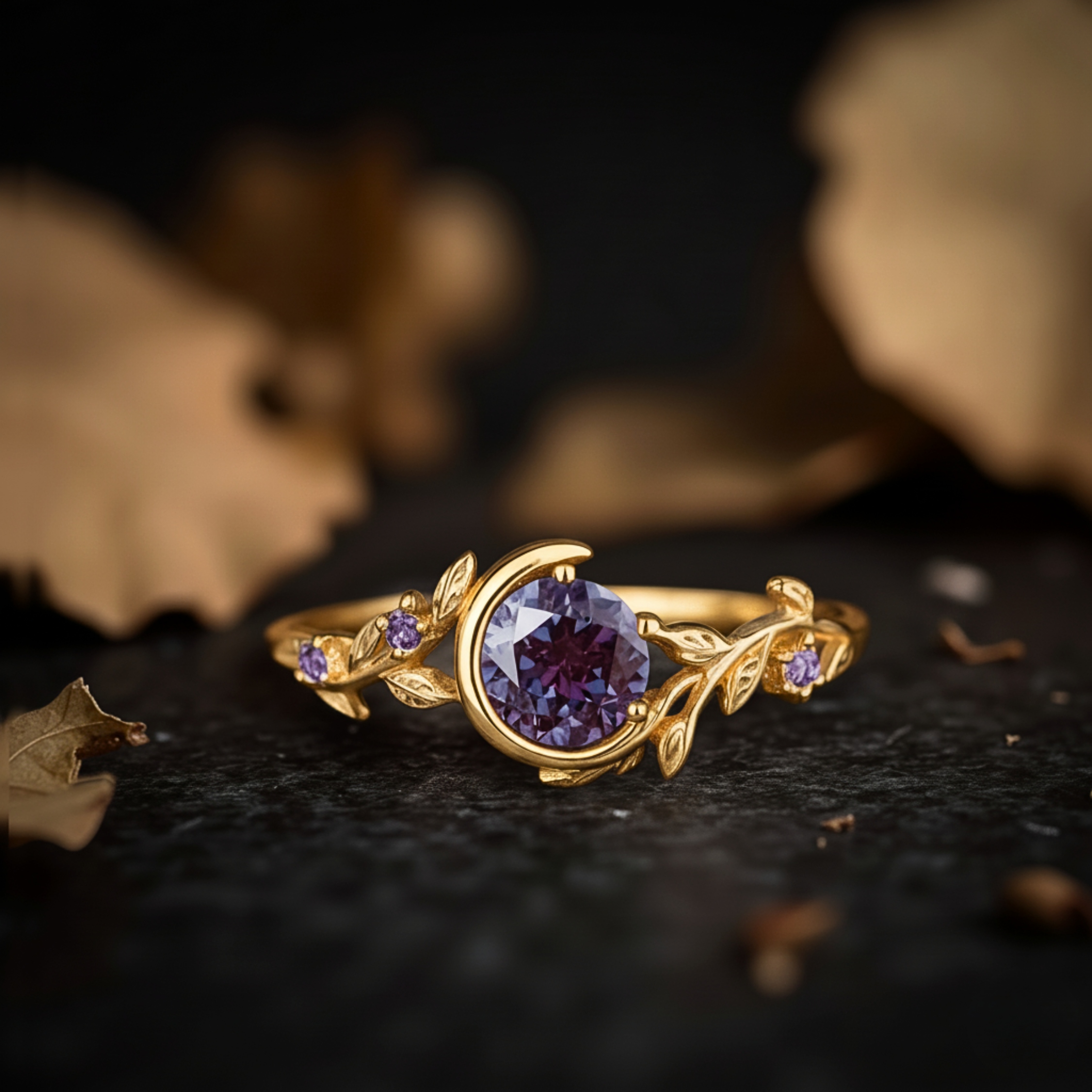 Unique Round Alexandrite Ring 14KRose Gold Twig Leaf Vine Crescent Moon Star Cluster Engagement Ring June Birthstone Purple Anniversary Gift