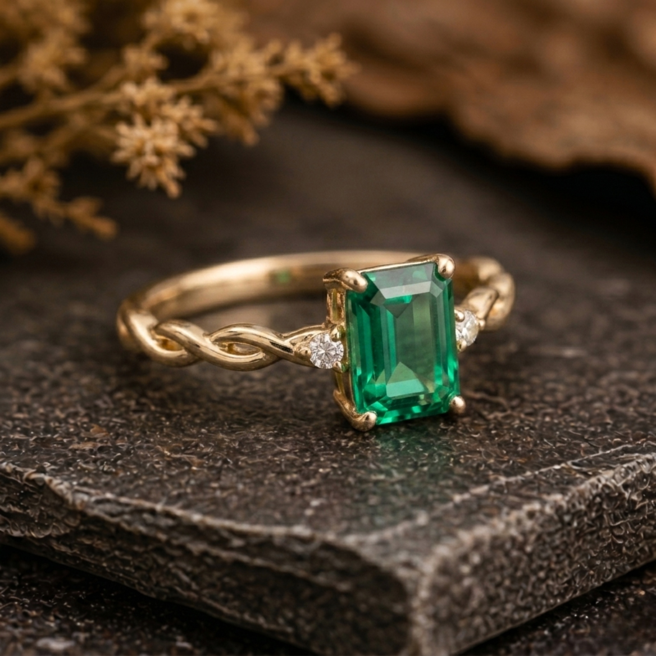 Vintage Emerald Cut Emerald Engagement Ring, 14k Twisted Band Moissanite Bridal Wedding Promise Ring, May Birthstone Ring, Anniversary Gift
