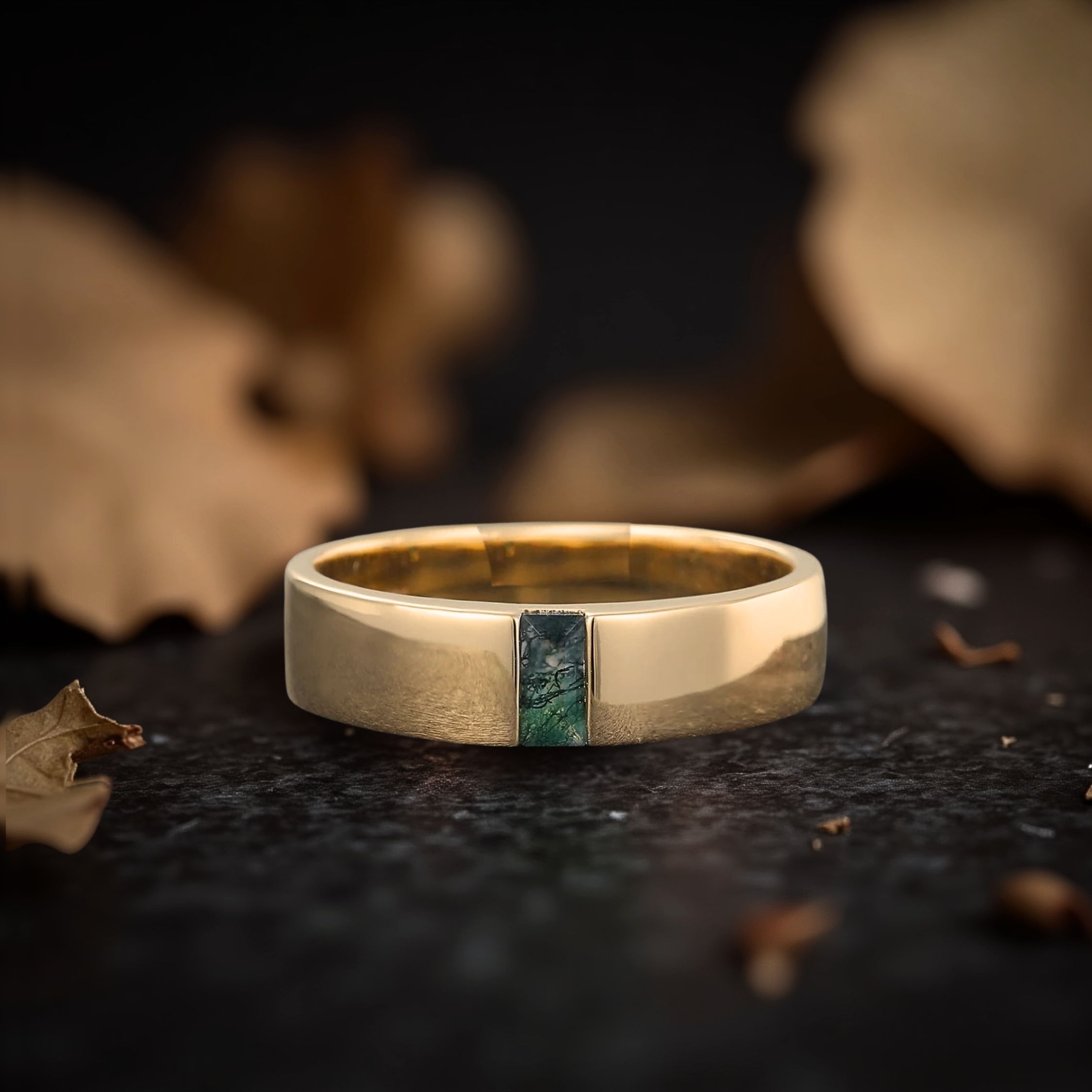 Unique Baguette Cut Moss Agate Wedding Band Eternity Art Deco Matching Gold Rings Men's ring Stackable Promise Personalized Gift For Her