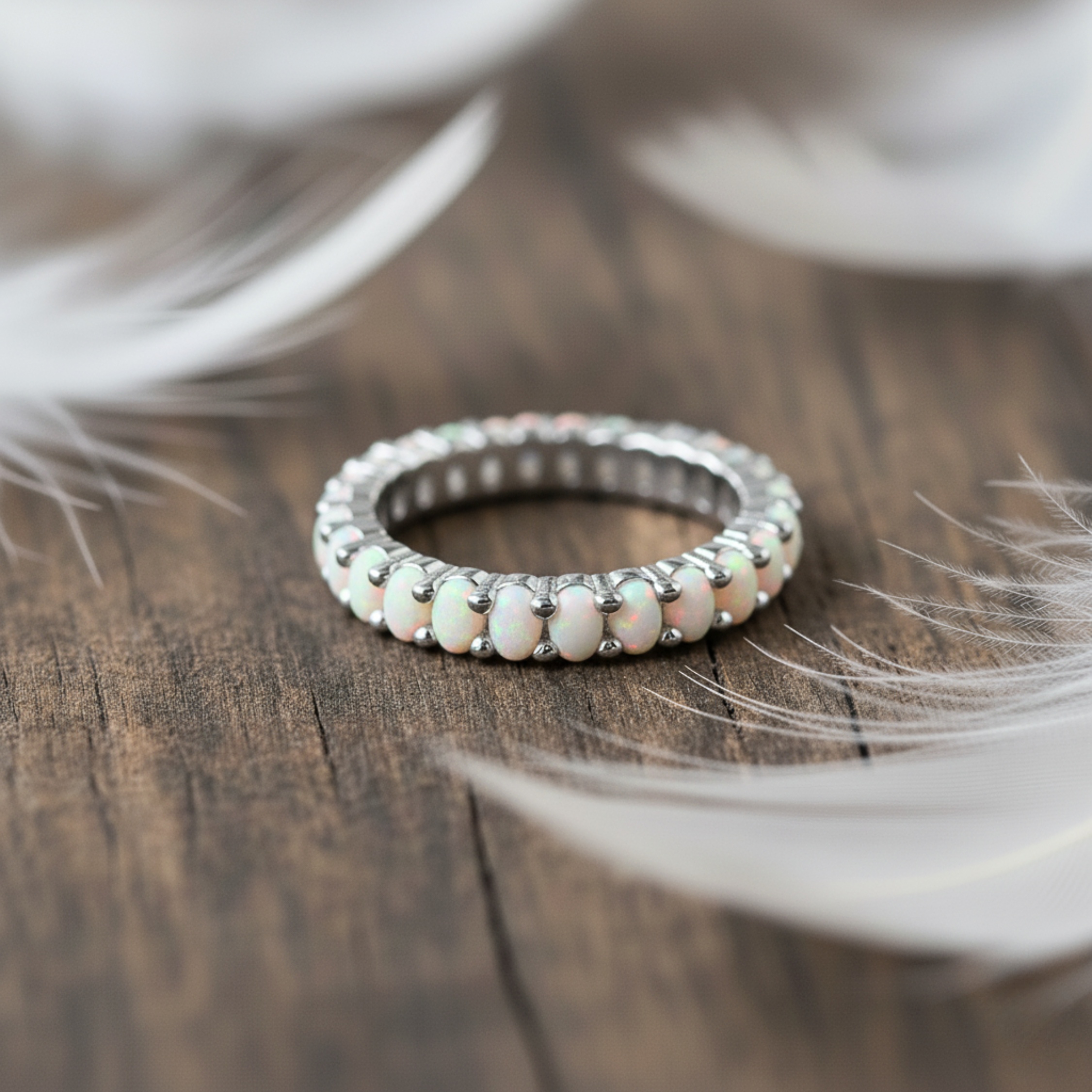 Opal Eternity Ring, Dainty Opal Gold Ring, Silver Opal Minimalist Ring, White Opal Stacking Ring, Gift For Her, Anniversary Gift For Women