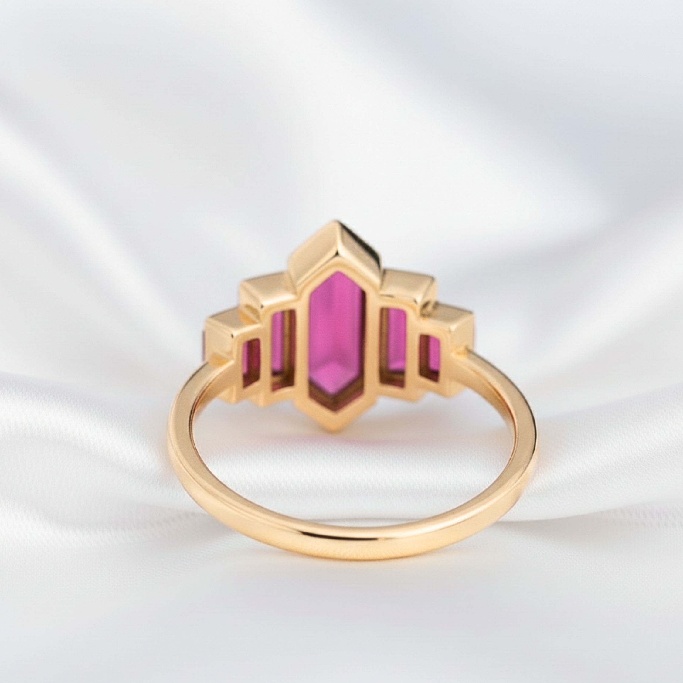 Unique Long Hexagon Ruby Ring, Vintage 14k Yellow Gold Bezel Set Art Deco Red Ruby Bridal Promise Wedding Ring Unique Christmas Gift For Her