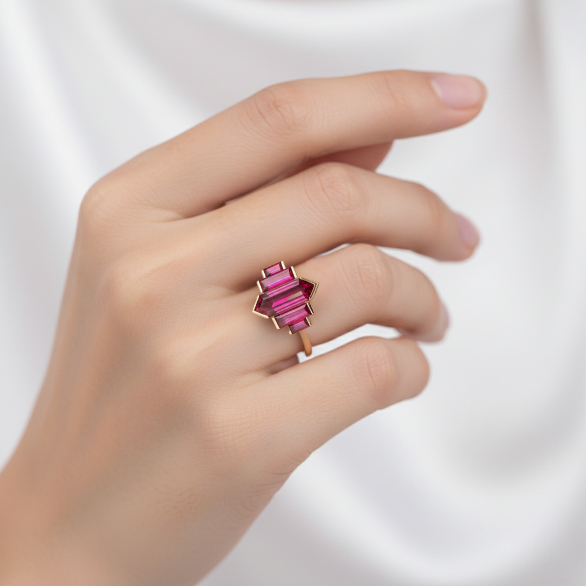 Unique Long Hexagon Ruby Ring, Vintage 14k Yellow Gold Bezel Set Art Deco Red Ruby Bridal Promise Wedding Ring Unique Christmas Gift For Her