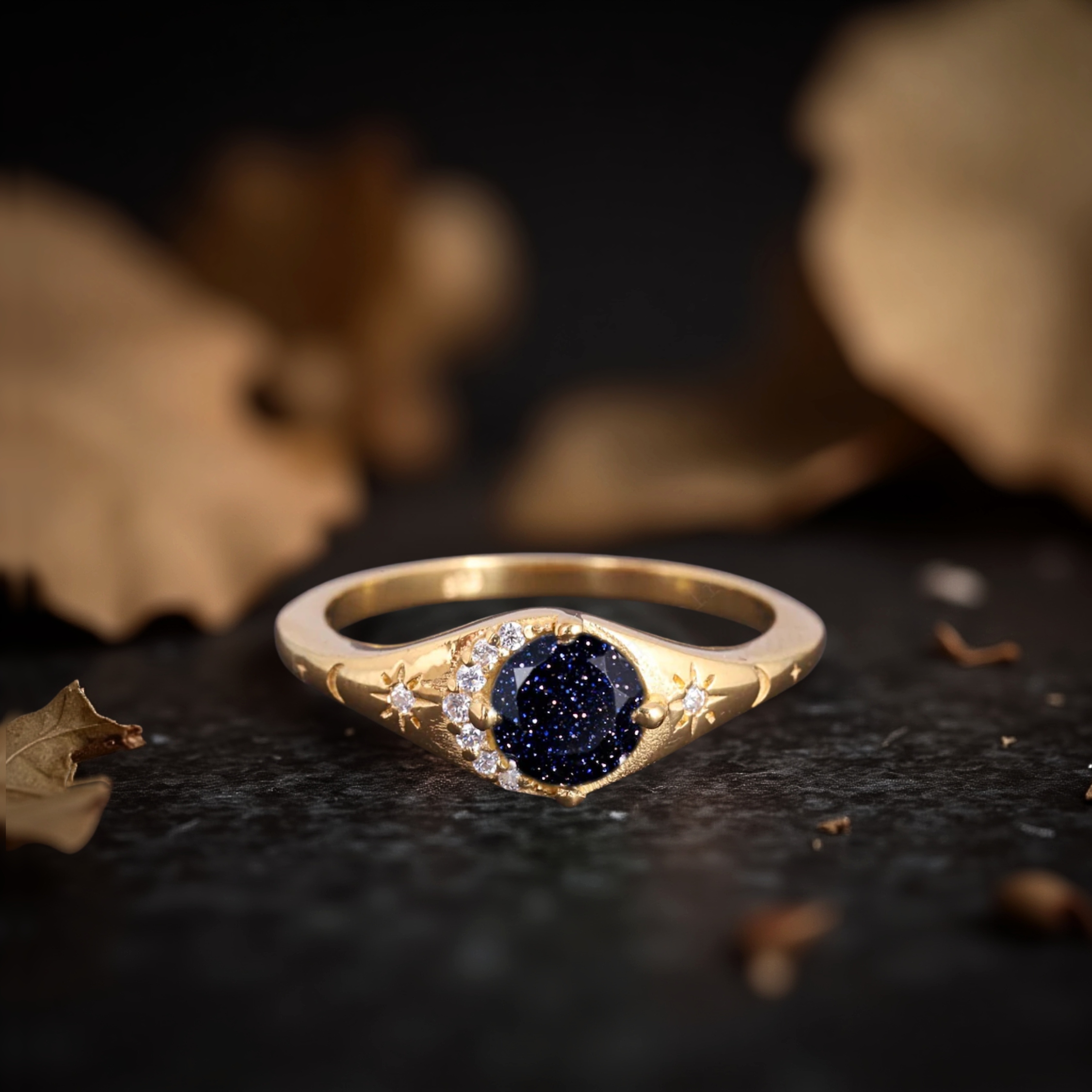 Blue Sandstone Diamond Ring, Moon Crescent Wedding Ring, Moissanite Moon And Star Ring, Minimalist Summer jewelry Gift Ring For Women