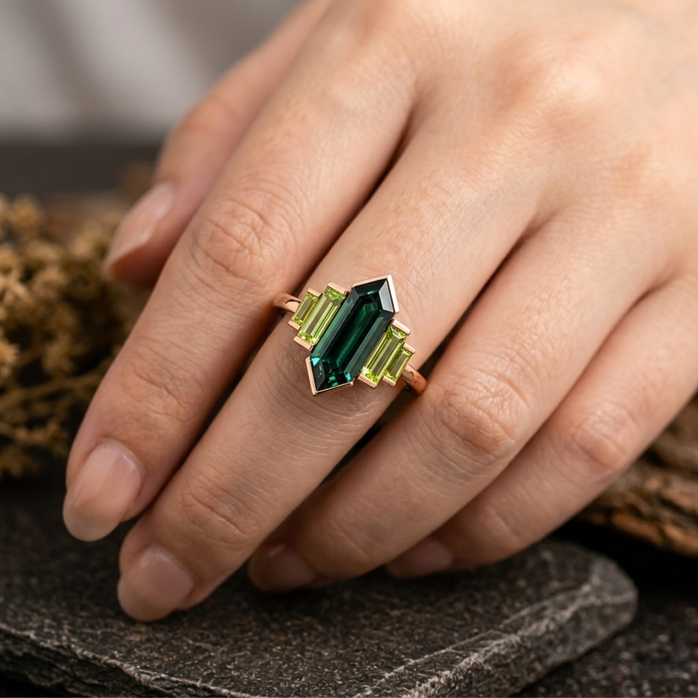 Vintage Hexagon Cut Green Emerald & Baguette Cut Peridot Wedding Ring, 18K Rose Gold Engagement Ring, Promise Bridal Jewelry Gift For Women