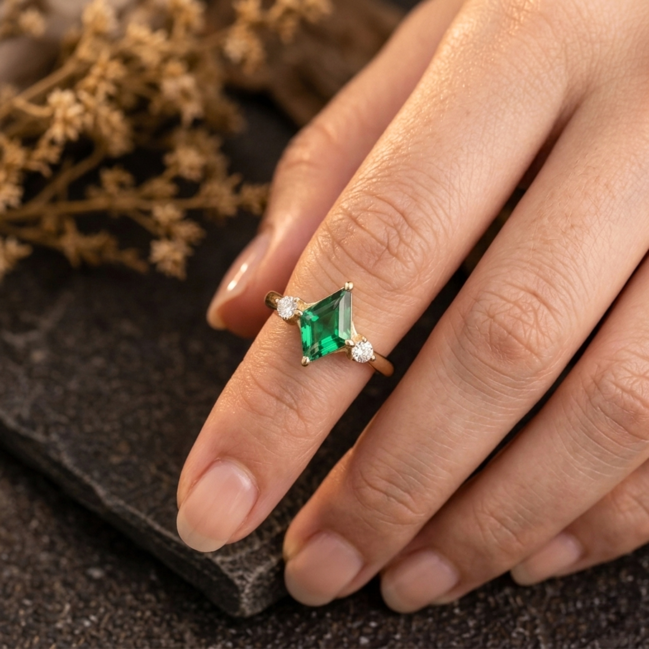Unique Kite Cut Emerald Ring, 14k Gold Dainty Three Stone Engagement Ring, Moissanite Bridal Matching Jewelry Anniversary Birthday Gift Ring