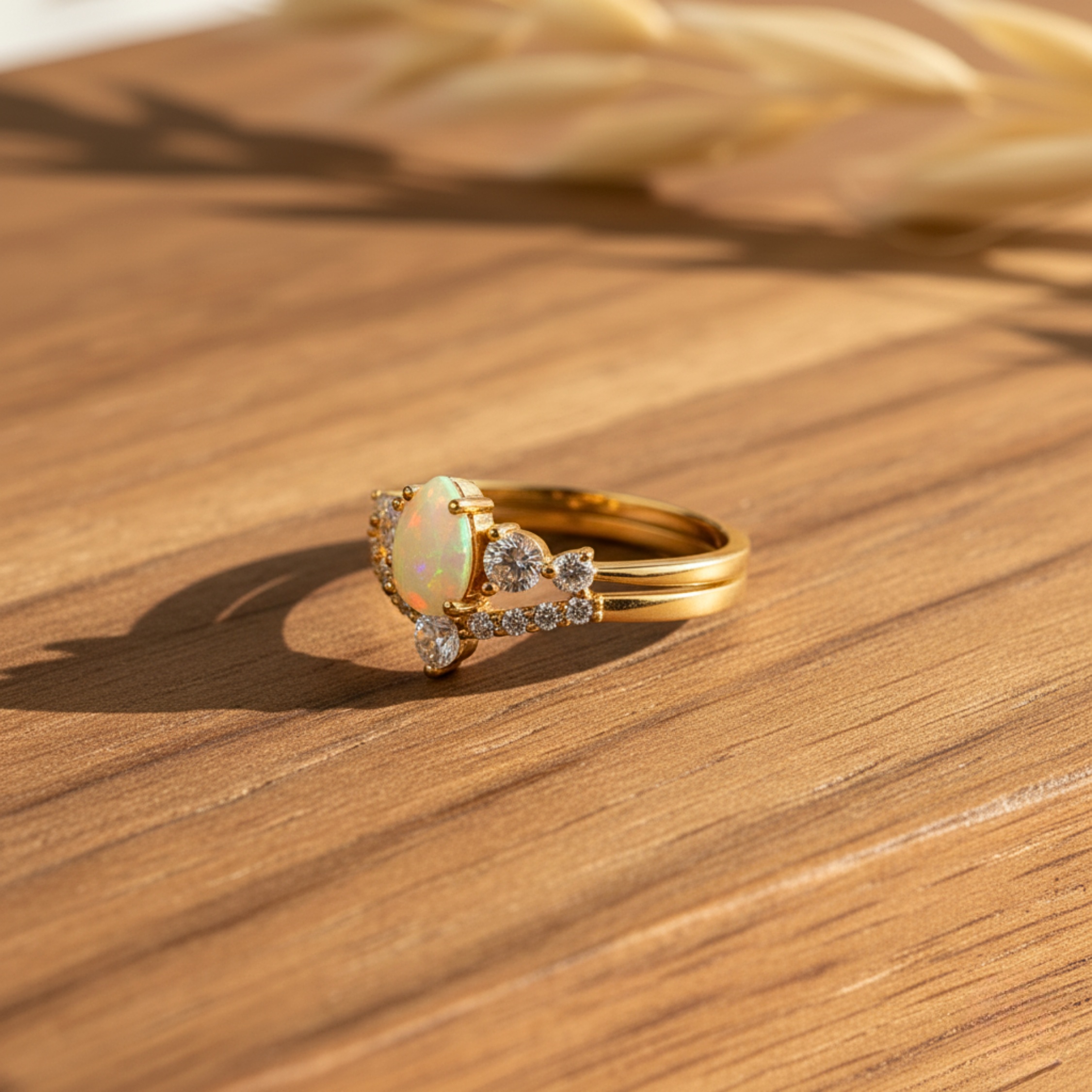 Natural Pear Cut Opal Engagement Ring Set 14K Gold Vermeil Wedding Bridal Ring October Birthstone Ring Alternative Engagement Gift For Women