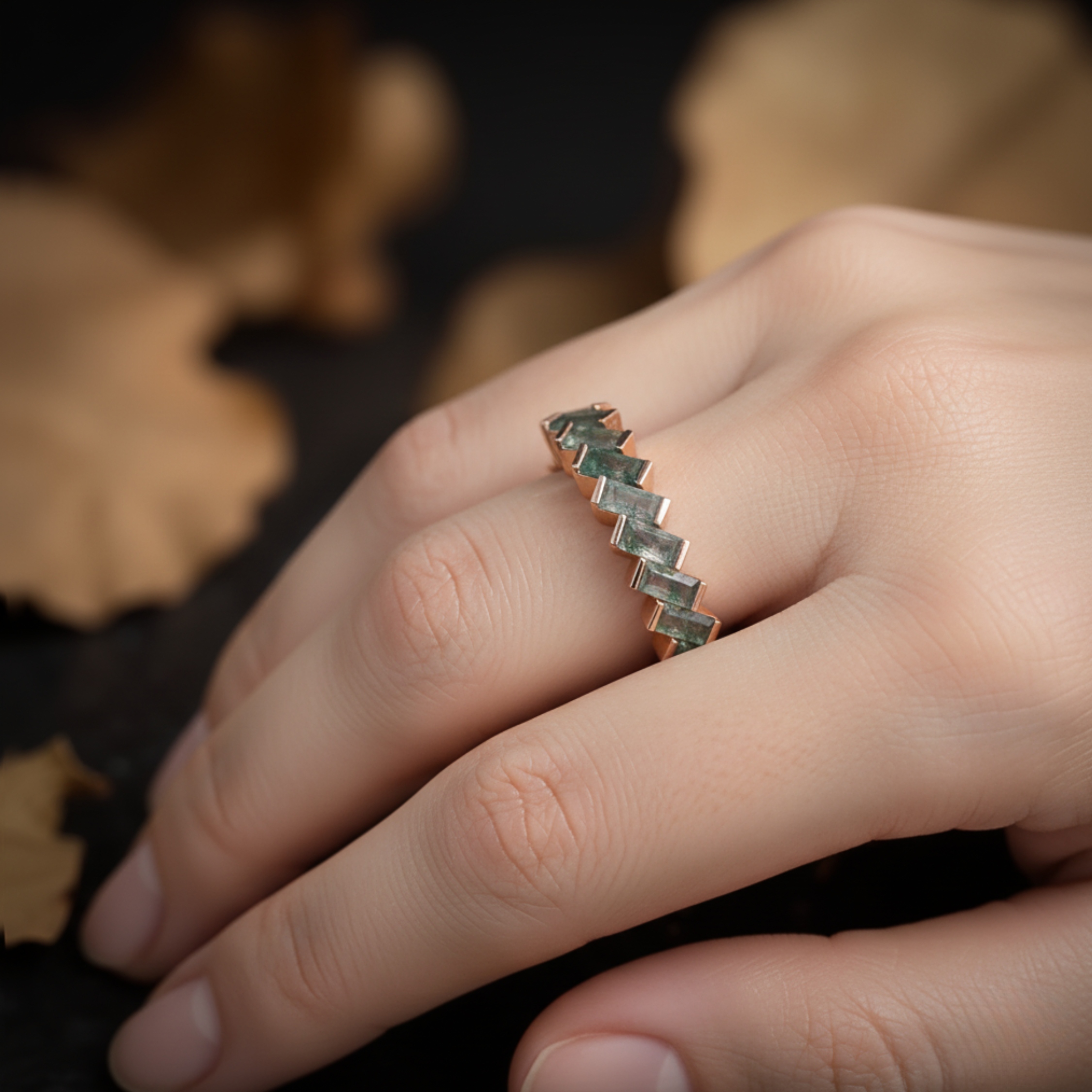 Vintage Baguette Cut Moss Agate Wedding Band Unique Rose Gold Engagement Ring Minimalist Half Eternity Bridal Matching Promise Band For Her