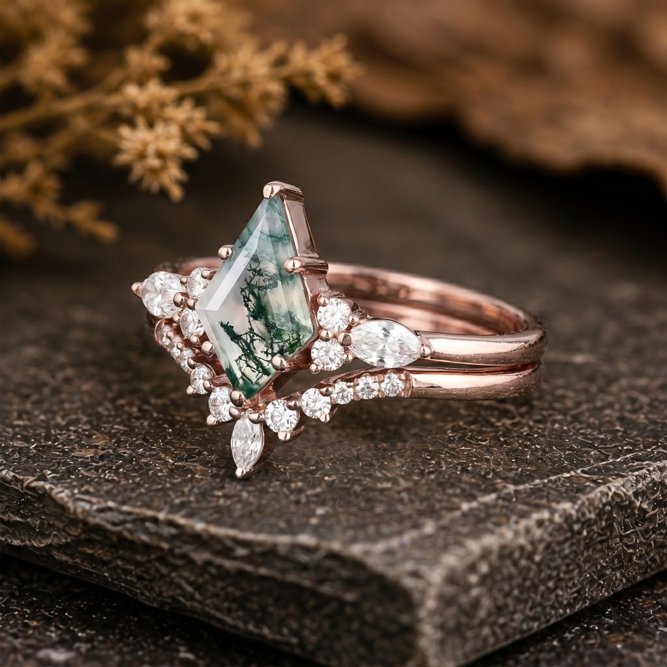 Unique Vintage Kite Cut Green Moss Agate Engagement Ring Set, 14k Rose Gold Wedding Moissanite Ring For Women, Bridal Ring Set Gift For Her