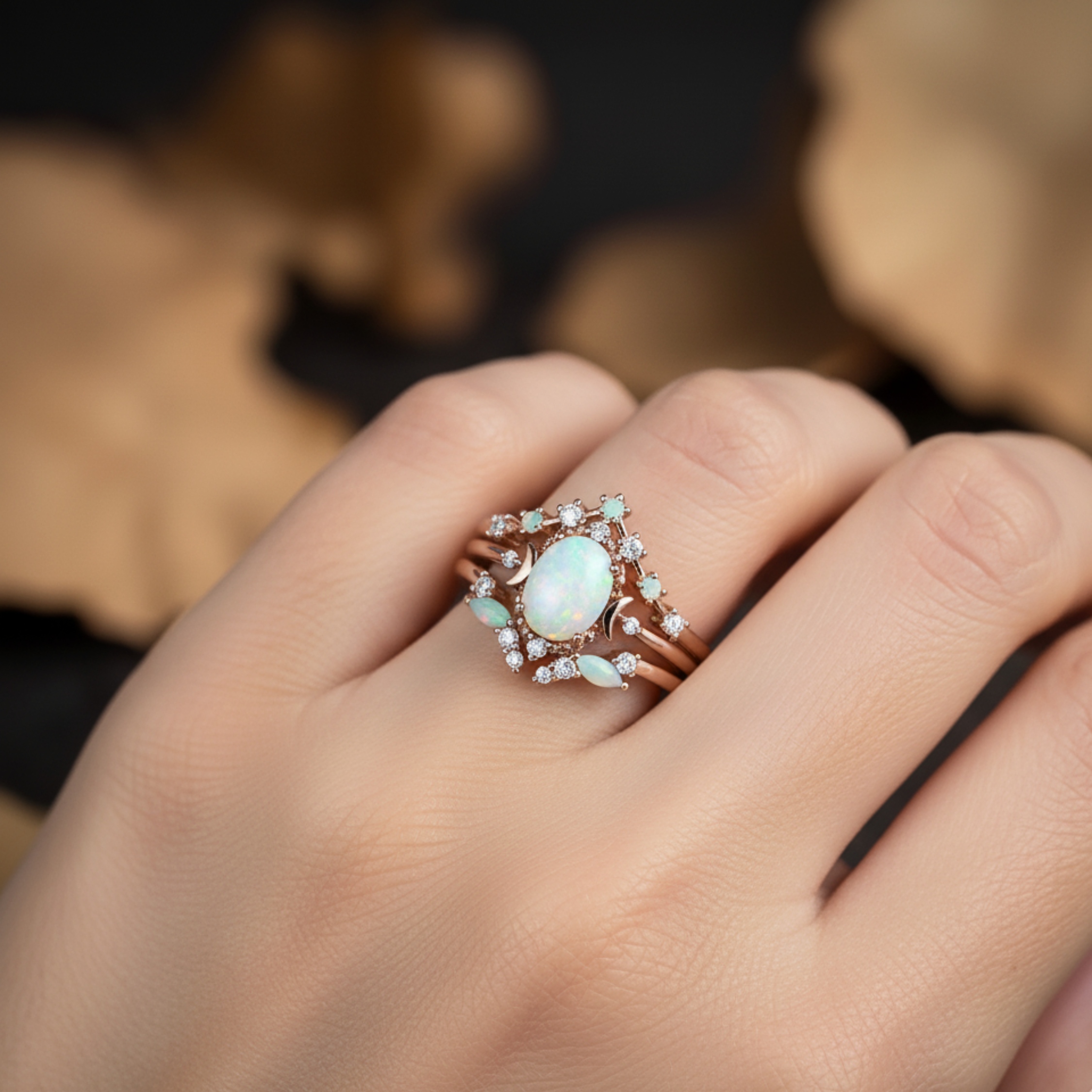 Opal Oval Cut Engagement Ring Set, Vintage Opal Wedding 3 Piece Ring, Woman Celestial Bridal Set Rose Gold Moon Ring Gift Personalized Gift