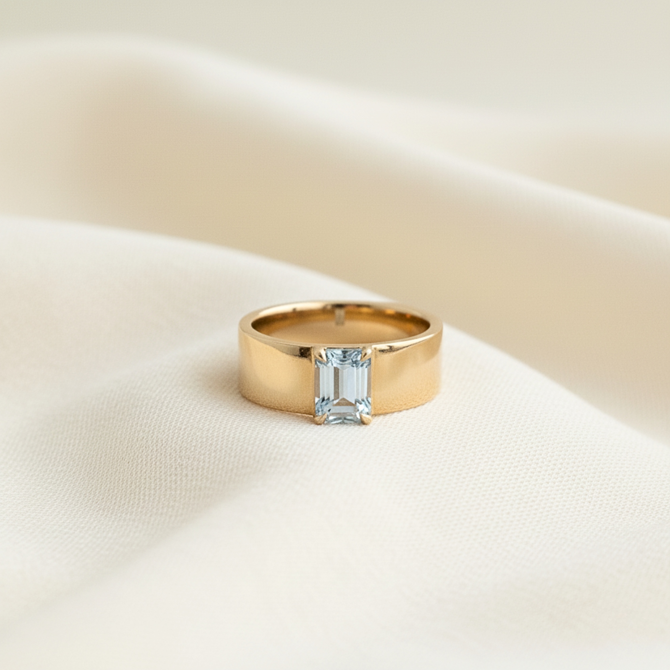 Emerald Cut Aquamarine Gemstone Ring, Vintage 14k Solid Gold Solitaire Thick Wide Band Engagement Ring, Gift March Birthstone Gift For Her