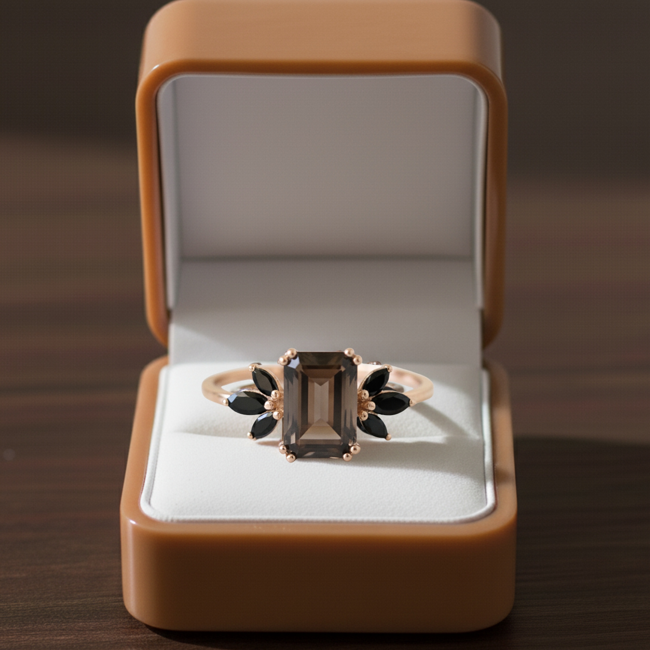 Emerald Cut Smoky Quartz & Marquise Black Onyx Ring, Solitaire Ring, 14K Rose Gold Smoky Quartz Engagement Ring, Anniversary Gift For Women