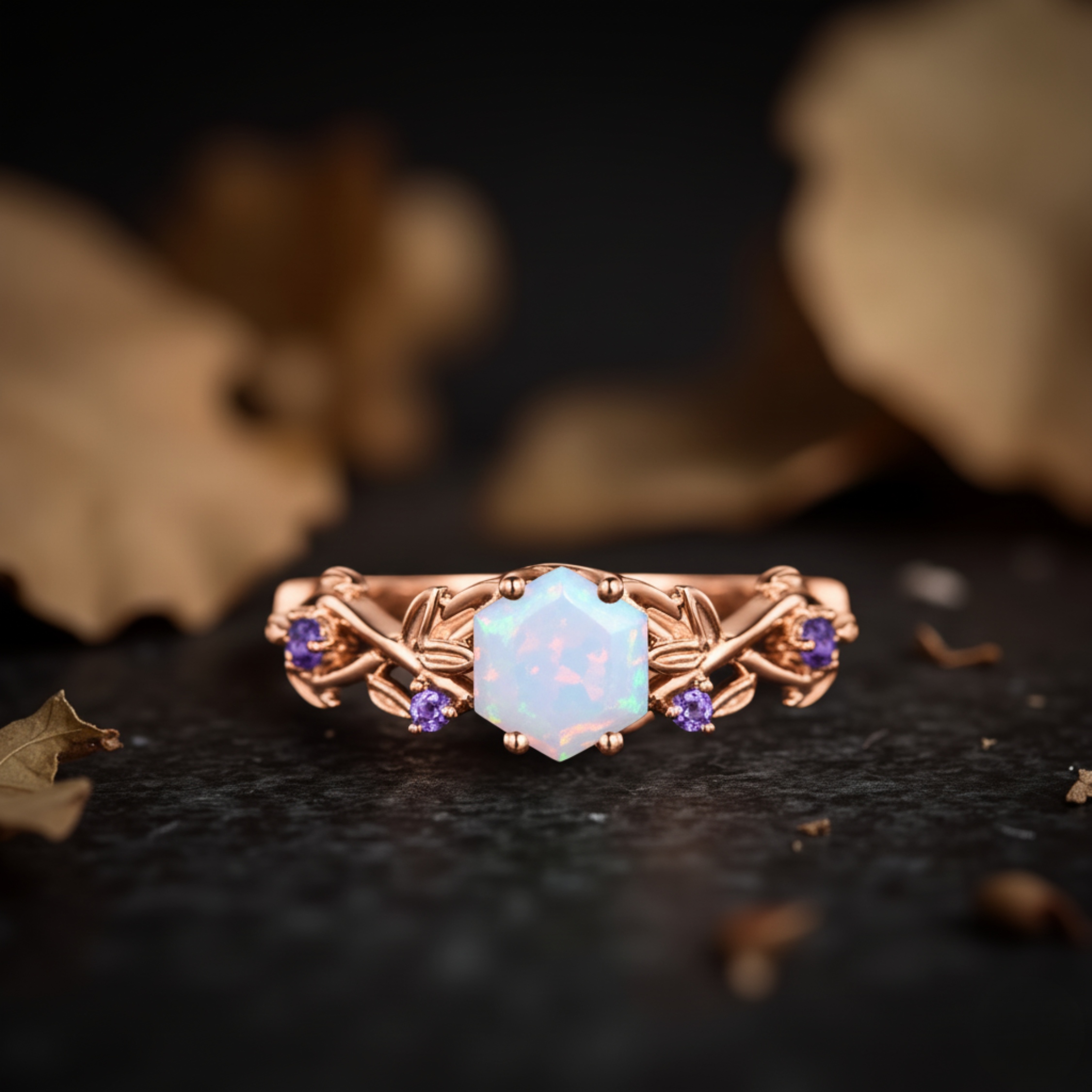 Vintage Hexagon Cut Twig Opal Engagement Ring, White Opal Gold Leaf Amethyst Ring, October Birthstone Ring, Anniversary Gift For Women