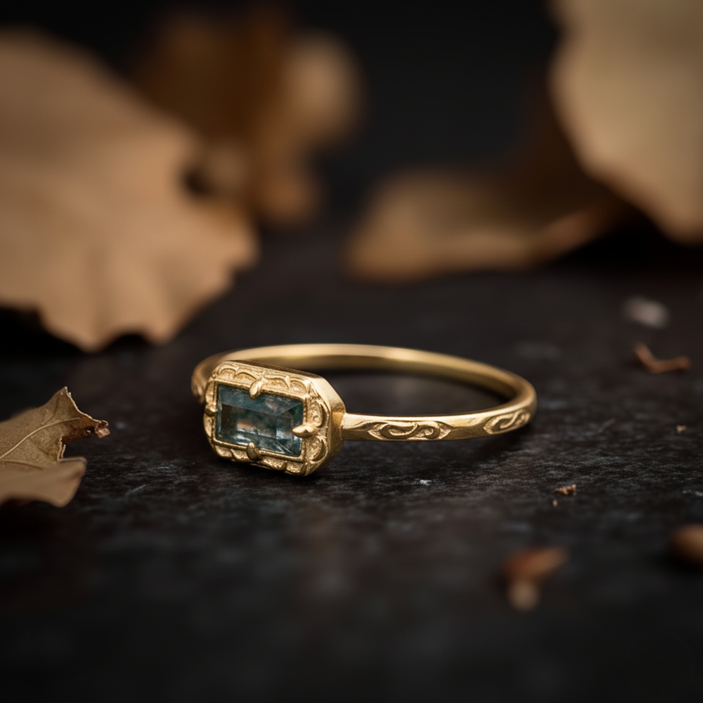 Baguette Moss Agate Wedding Ring, Baguette Cut Agate Vintage Ring, Promise Engagement Ring, Bridal Jewelry Anniversary Birthday Gift for Her