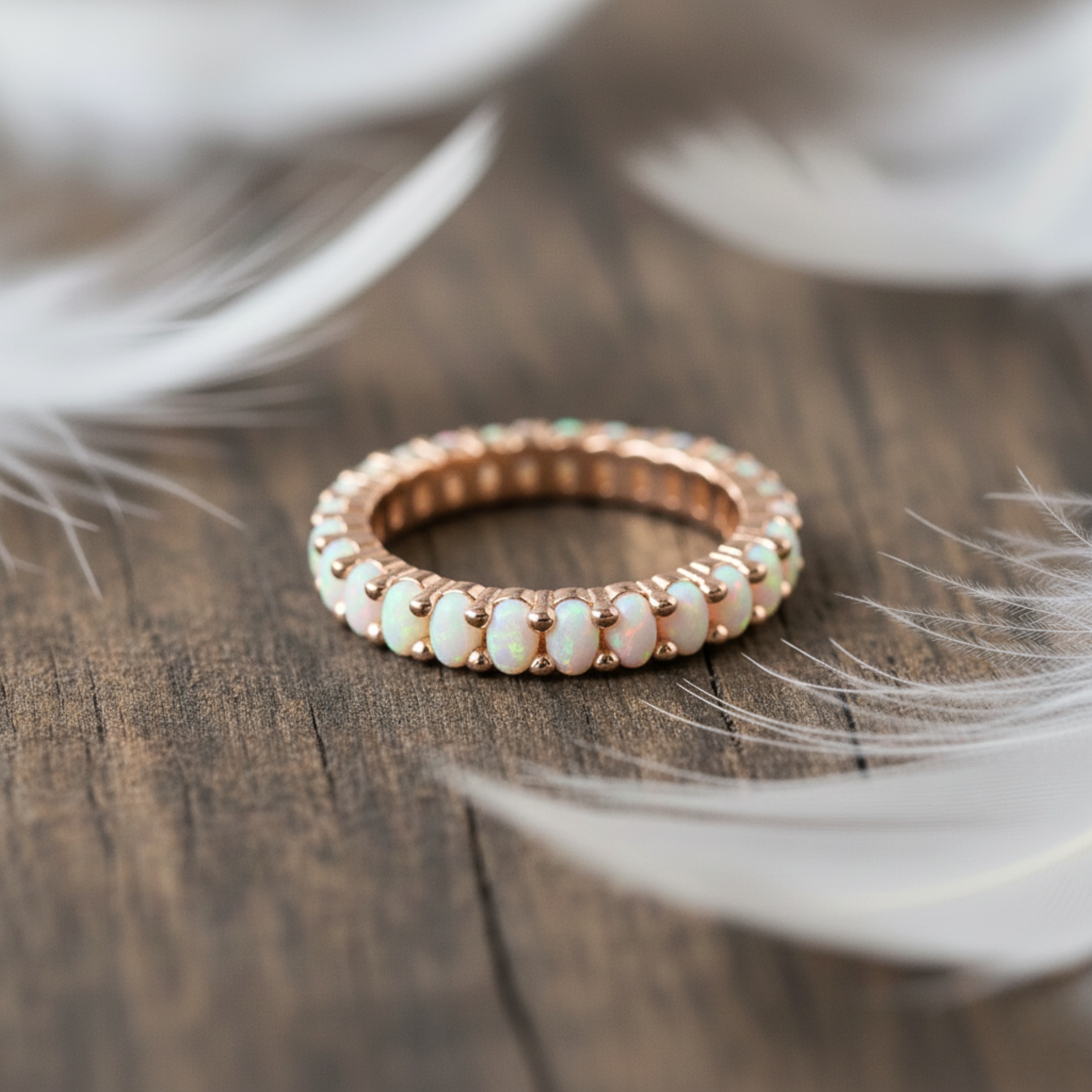 Opal Eternity Ring, Dainty Opal Gold Ring, Silver Opal Minimalist Ring, White Opal Stacking Ring, Gift For Her, Anniversary Gift For Women