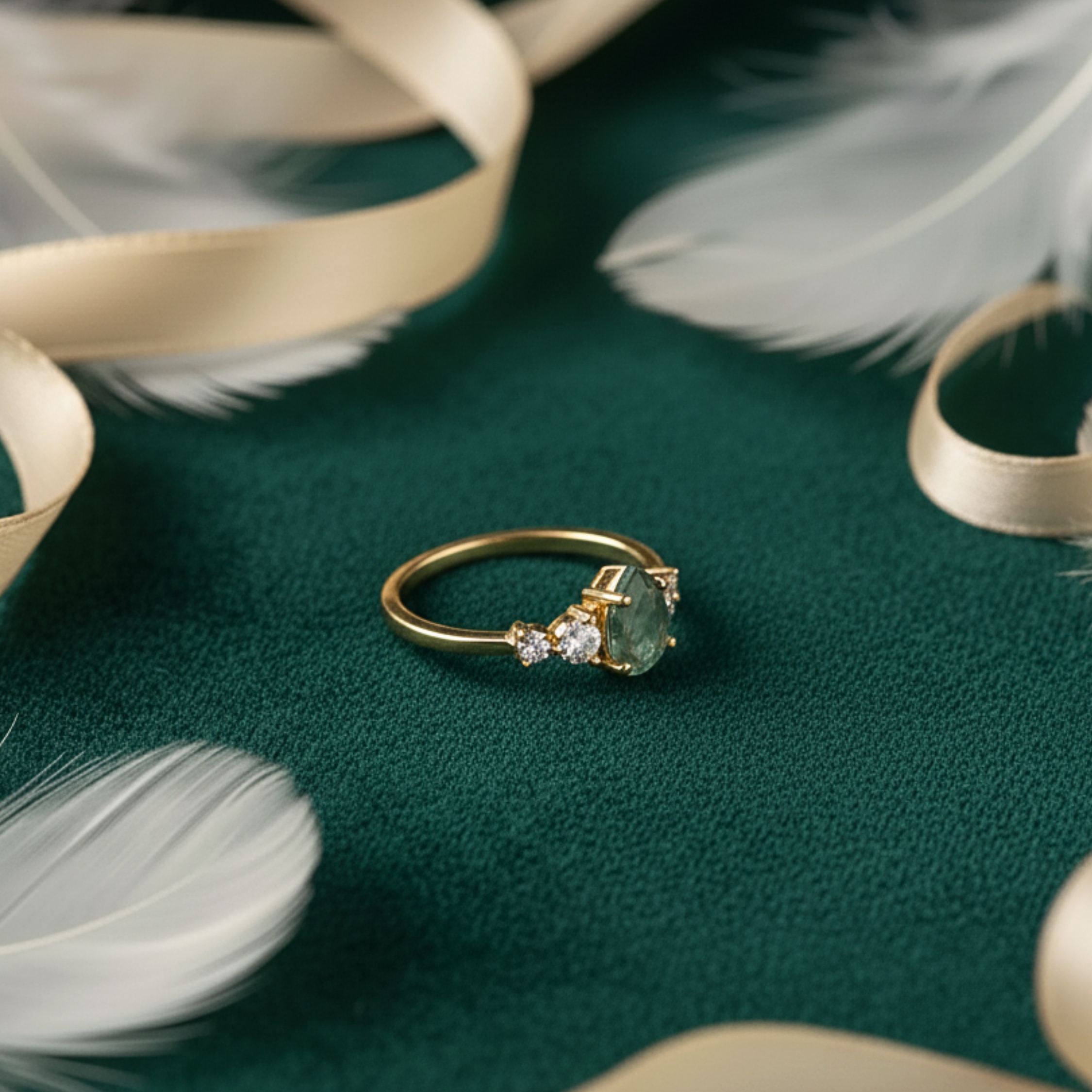 Moss Agate Engagement Ring Pear Cut Vintage Solid Gold Agate Ring Unique Cluster Green Stone Moissanite Wedding Ring Bridal Ring Anniversary