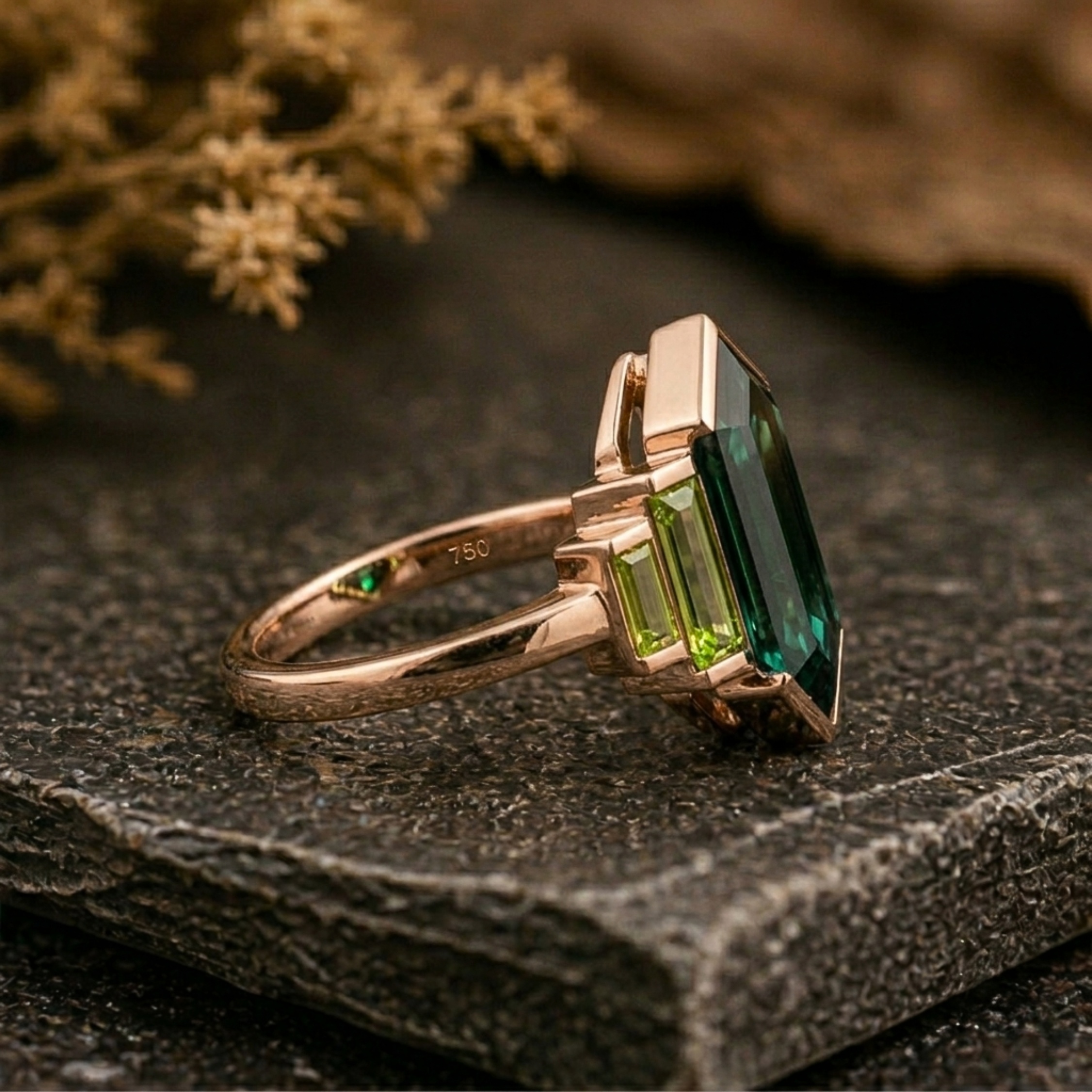 Vintage Hexagon Cut Green Emerald & Baguette Cut Peridot Wedding Ring, 18K Rose Gold Engagement Ring, Promise Bridal Jewelry Gift For Women