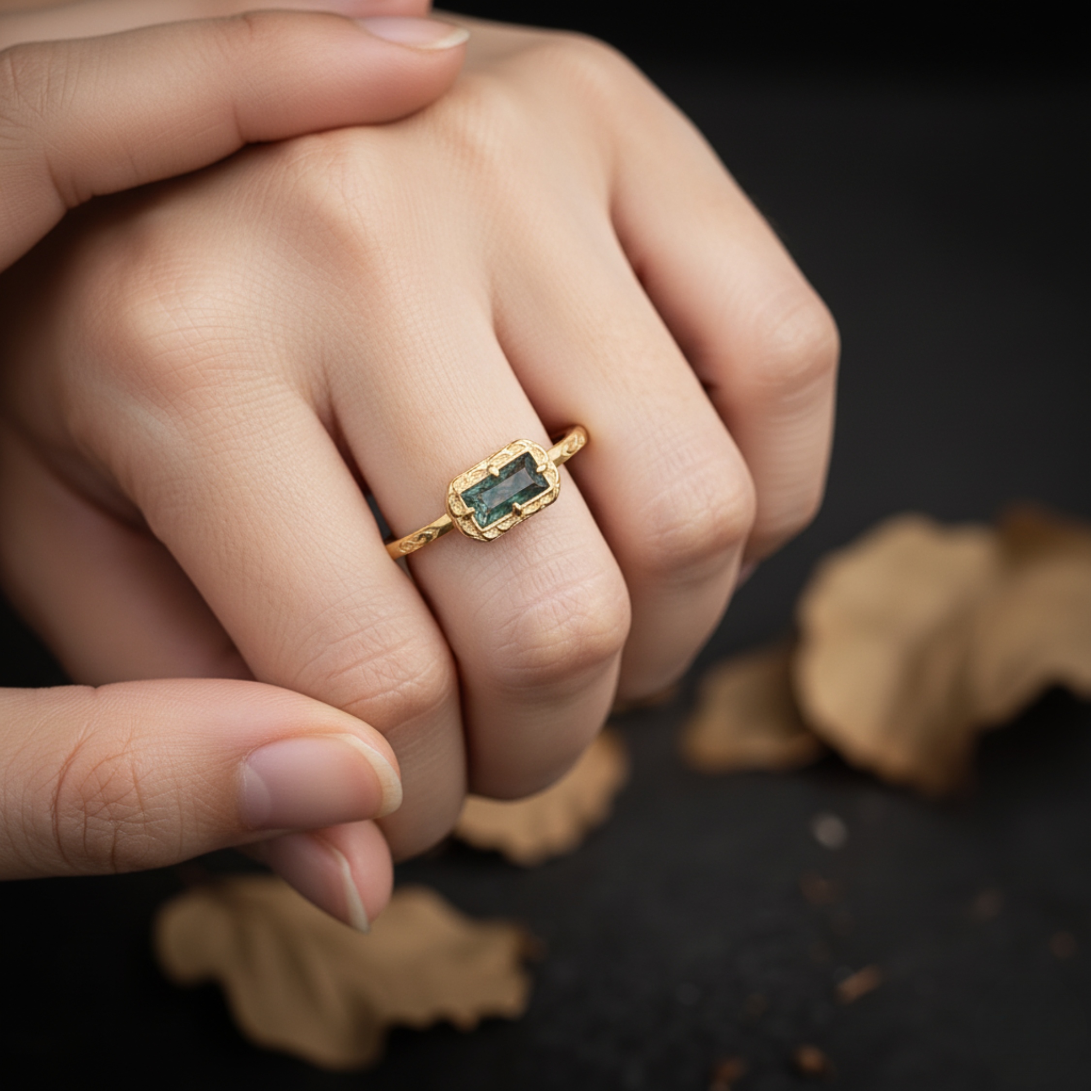 Baguette Moss Agate Wedding Ring, Baguette Cut Agate Vintage Ring, Promise Engagement Ring, Bridal Jewelry Anniversary Birthday Gift for Her