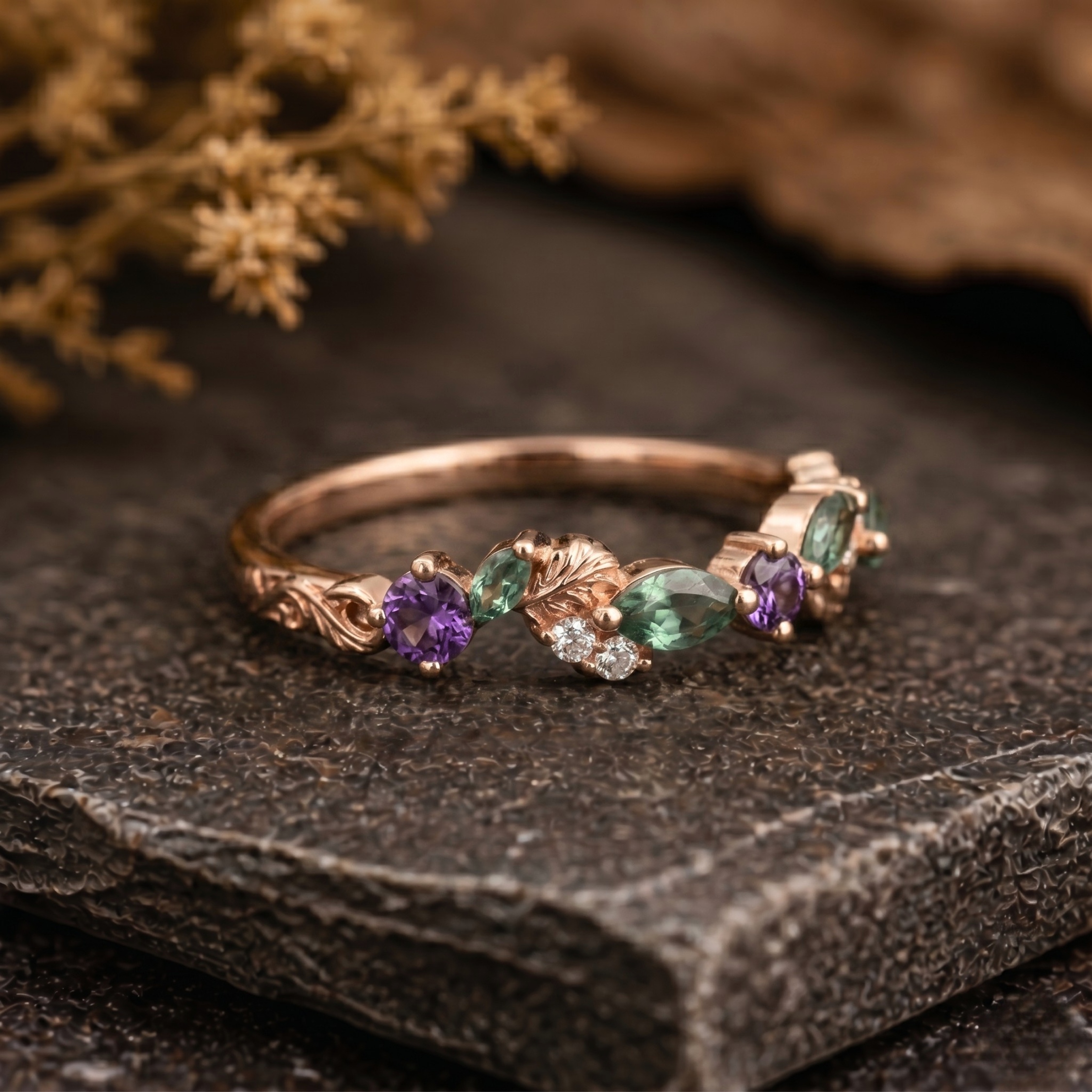Marquise Emerald Wedding band, 14K Gold 3 Stone Alexandrite Moissanite Engagement Band, Dainty Leaf Promise ring, Anniversary Birthday Gifts