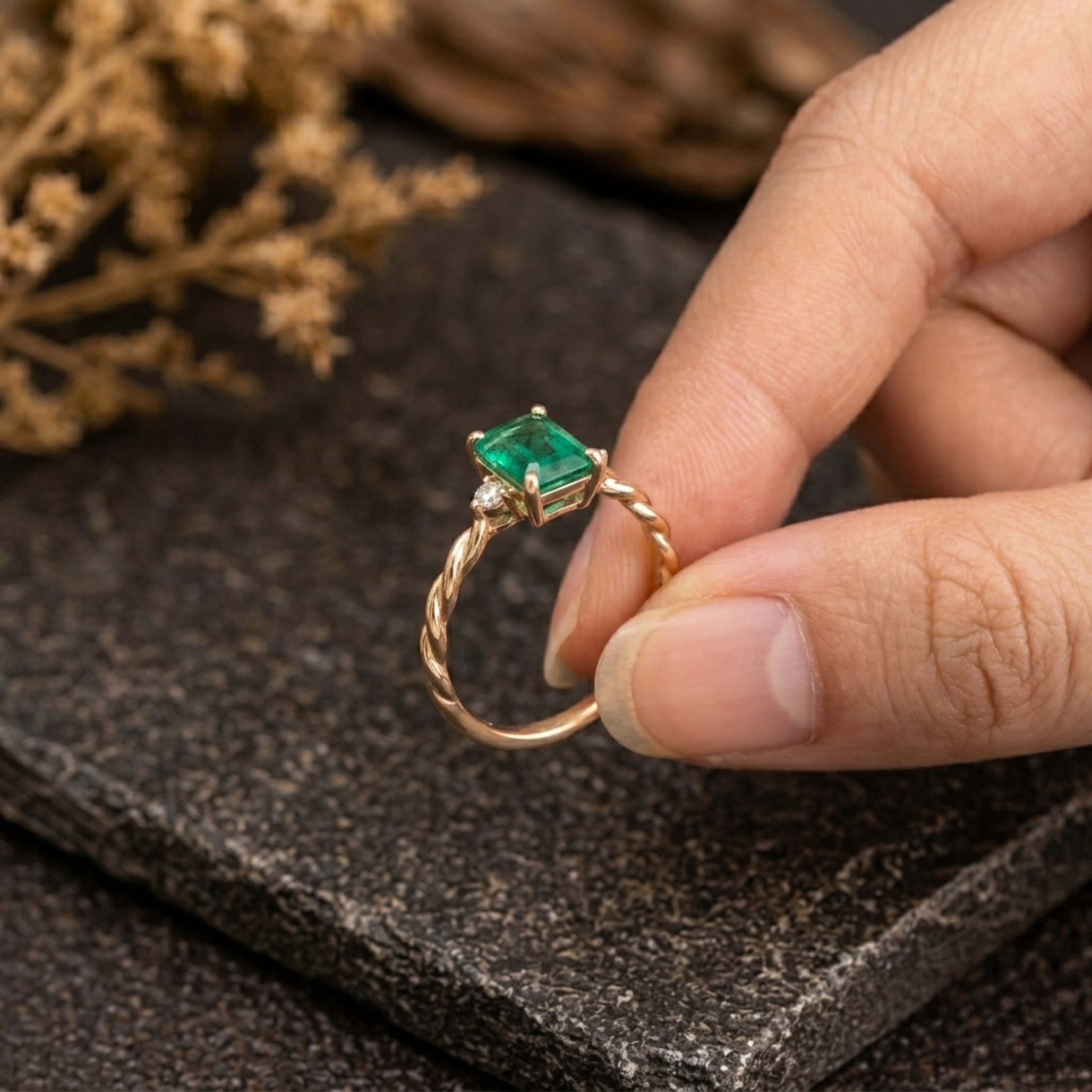 Vintage Emerald Cut Emerald Engagement Ring, 14k Twisted Band Moissanite Bridal Wedding Promise Ring, May Birthstone Ring, Anniversary Gift