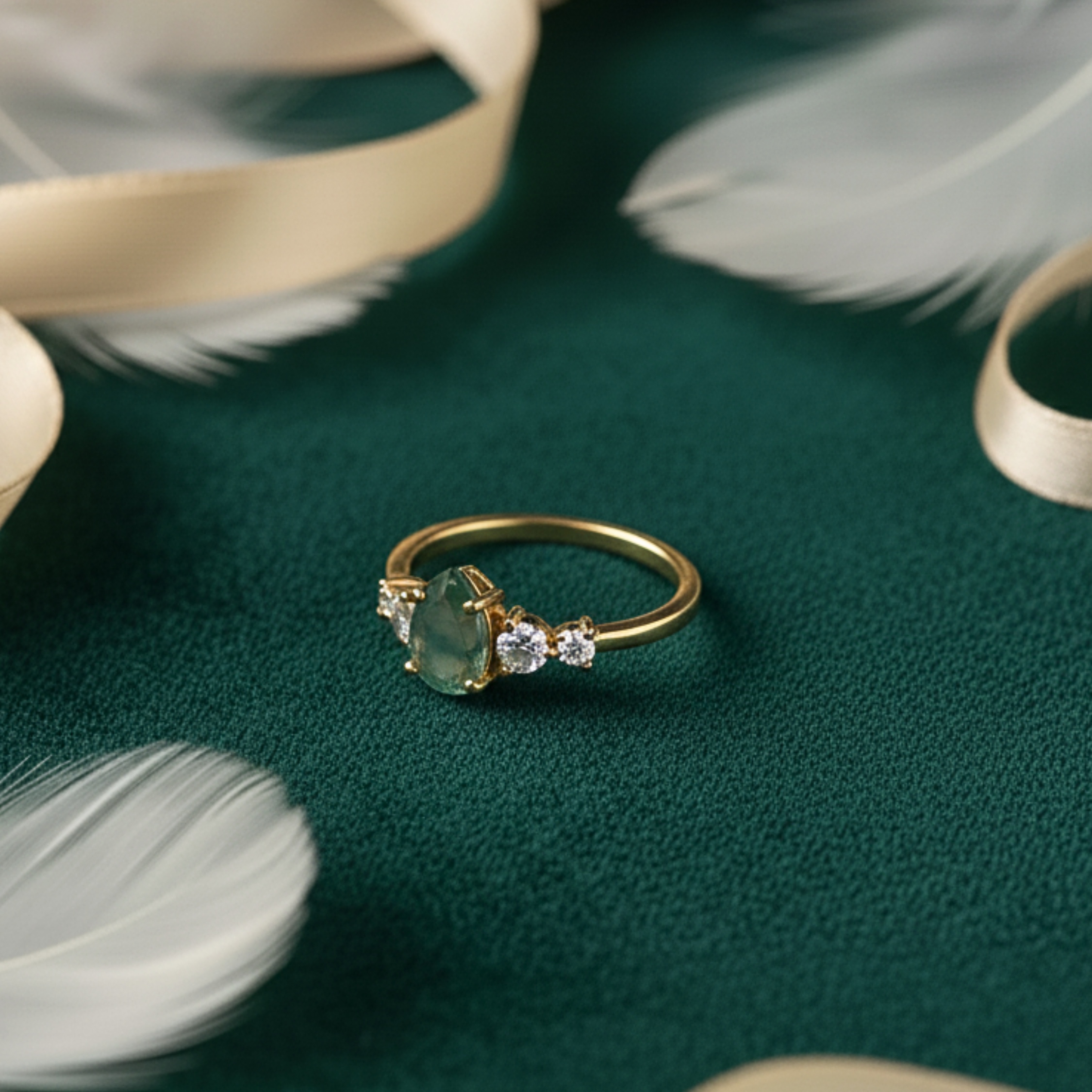 Moss Agate Engagement Ring Pear Cut Vintage Solid Gold Agate Ring Unique Cluster Green Stone Moissanite Wedding Ring Bridal Ring Anniversary