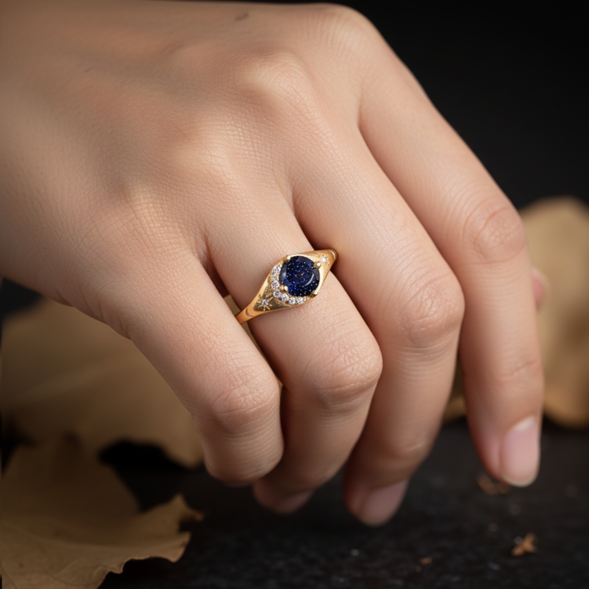 Blue Sandstone Diamond Ring, Moon Crescent Wedding Ring, Moissanite Moon And Star Ring, Minimalist Summer jewelry Gift Ring For Women