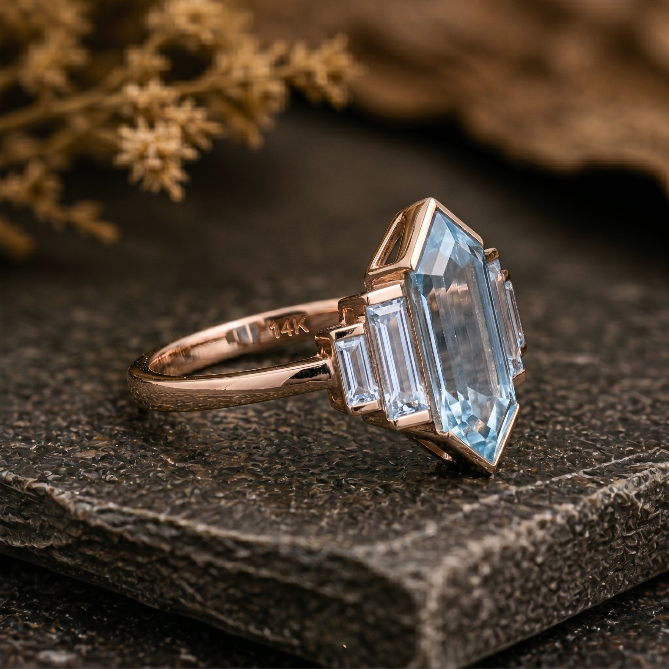 Long Hexagon & Baguette Cut Aquamarine Engagement Ring, Five Stone Wedding Ring, Half Bezel Setting Bridal Ring, 14K Solid Yellow Gold Ring