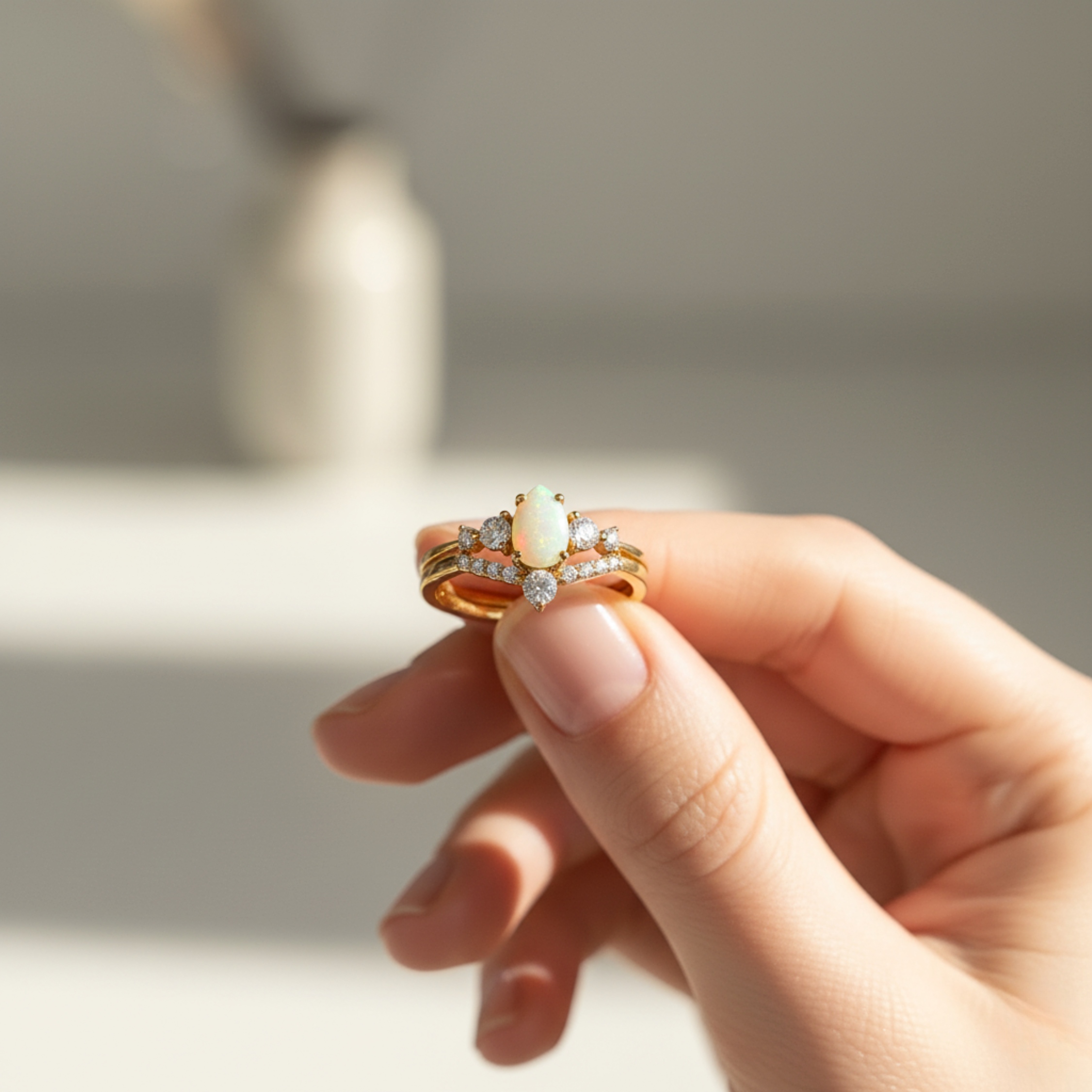 Natural Pear Cut Opal Engagement Ring Set 14K Gold Vermeil Wedding Bridal Ring October Birthstone Ring Alternative Engagement Gift For Women