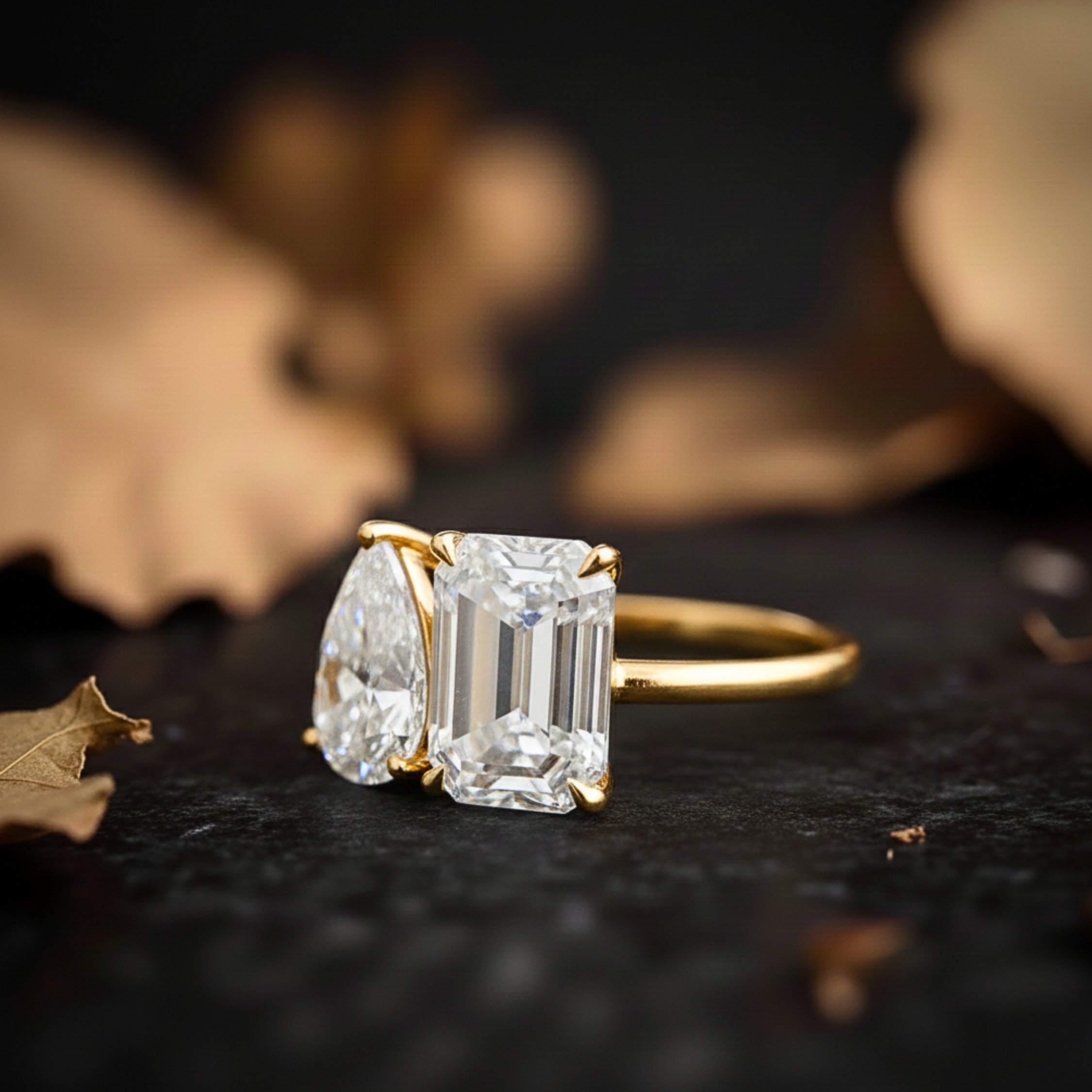 Two Stone Ring Emerald & Pear Cut Birthstone Ring, Moissanite Ring, Christmas Gift, Toi Et Moi Ring, Couples Ring Gift, Anniversary Gift