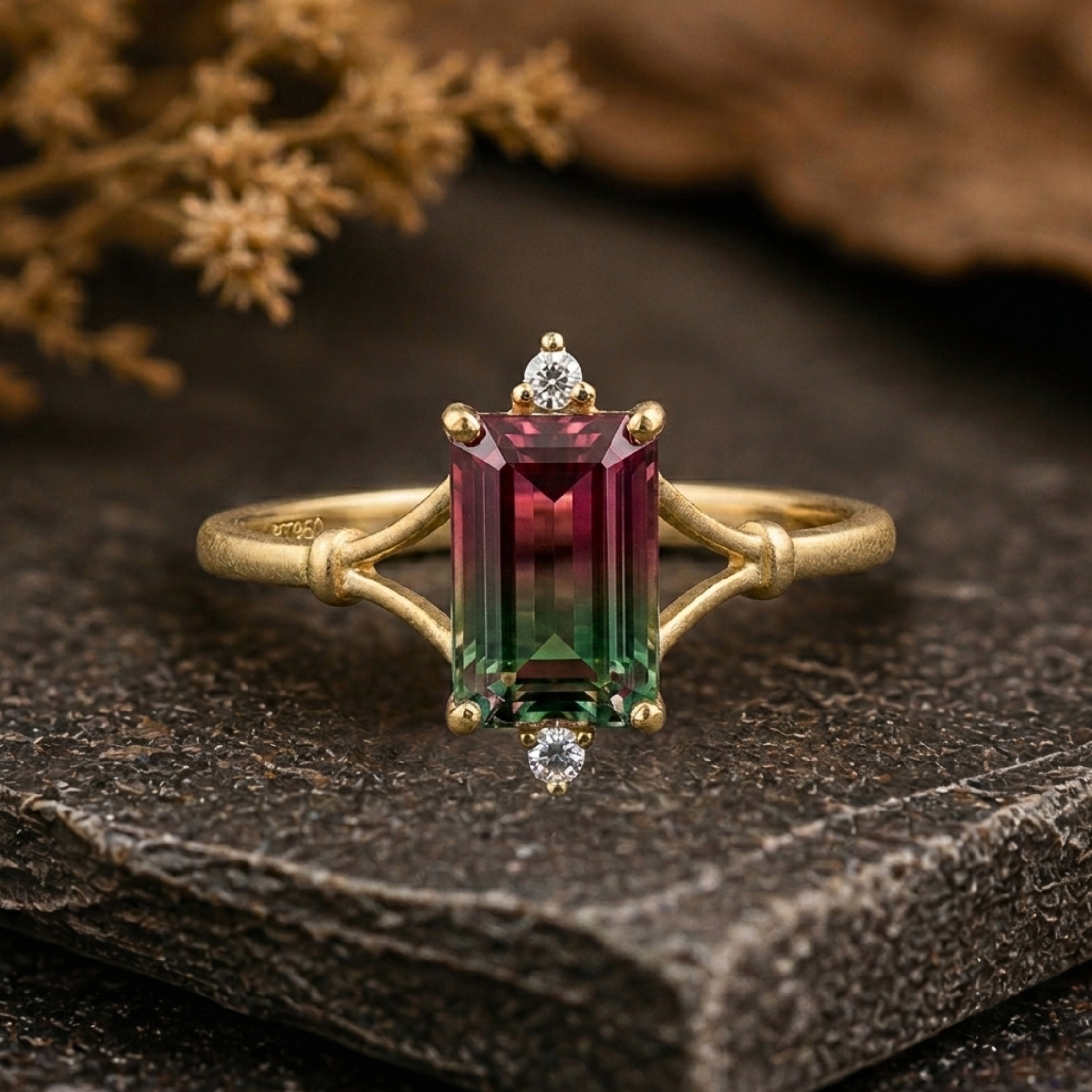Emerald Cut Watermelon Tourmaline Ring, Bi-Color Pink/Green Engagement Ring, Art Deco Minimalist Moissanite Wedding Ring, Anniversary Gift