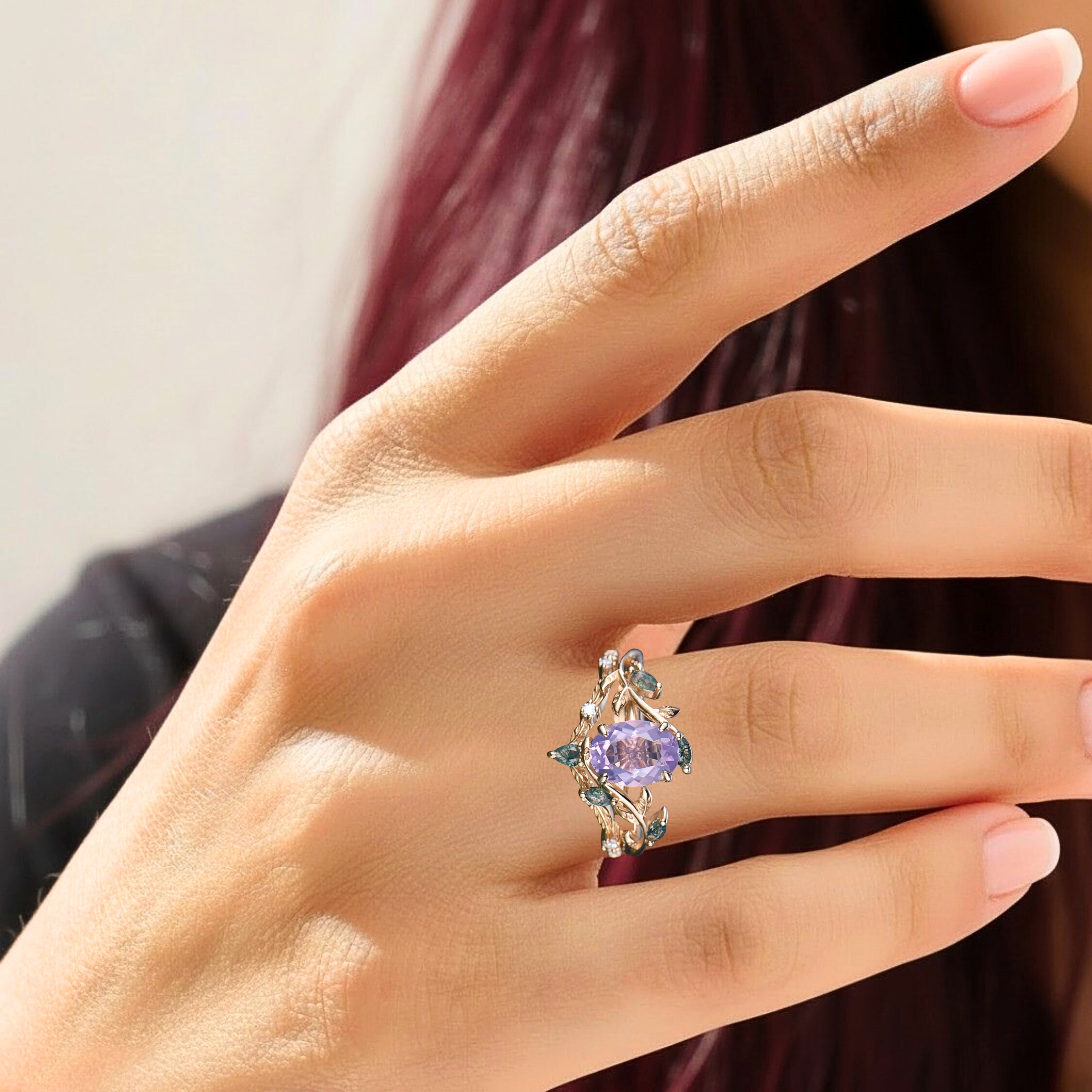 Vintage Nature Inspired Oval Cut Lavender Amethyst Engagement Ring, 14k Solid Gold Cluster leaf Bridal Wedding Ring Set, Gift For Women