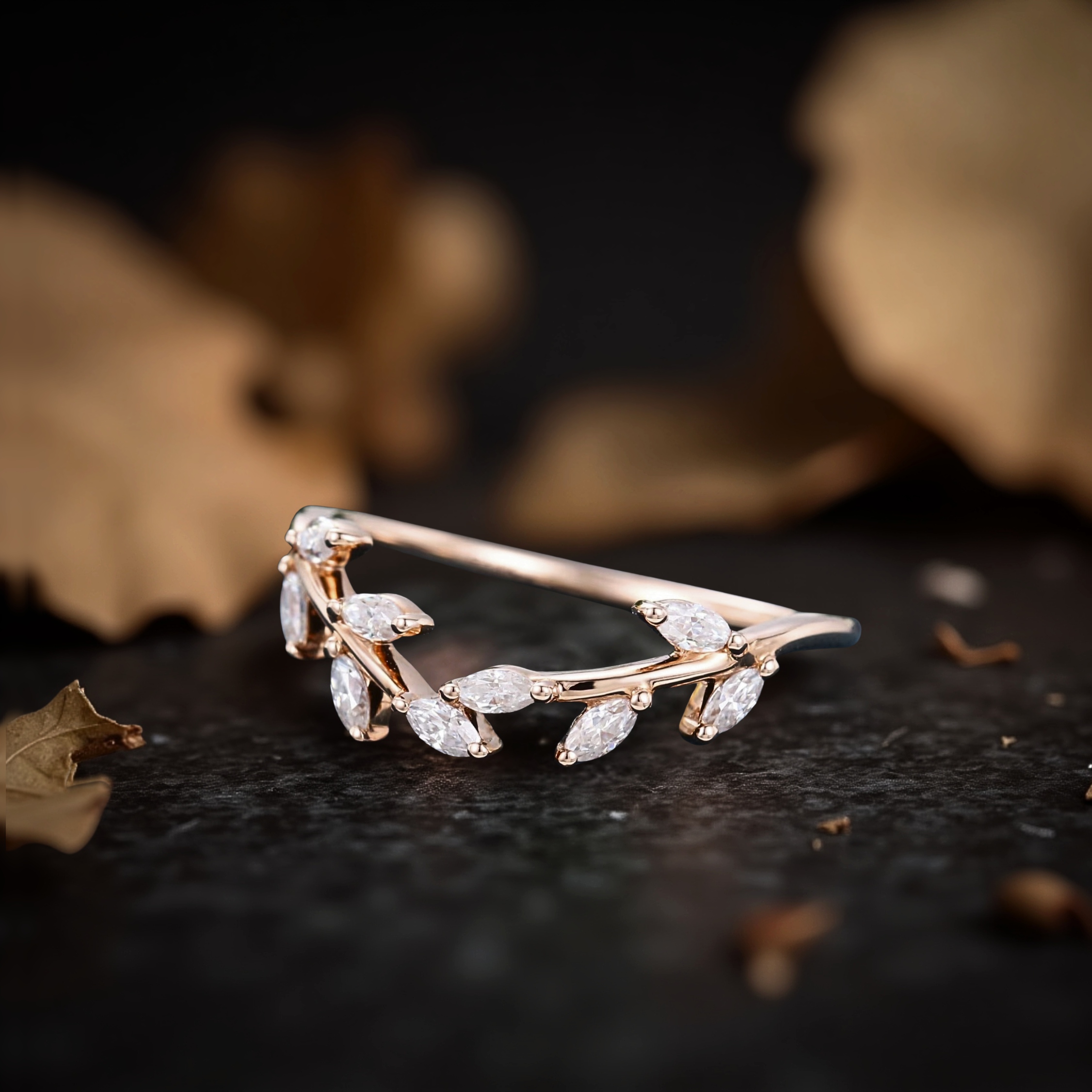 Marquise Moissanite Leaf Wedding Band, Dainty Antique Style Anniversary band for her, Matching Bridal Jewelry, Gift For Women