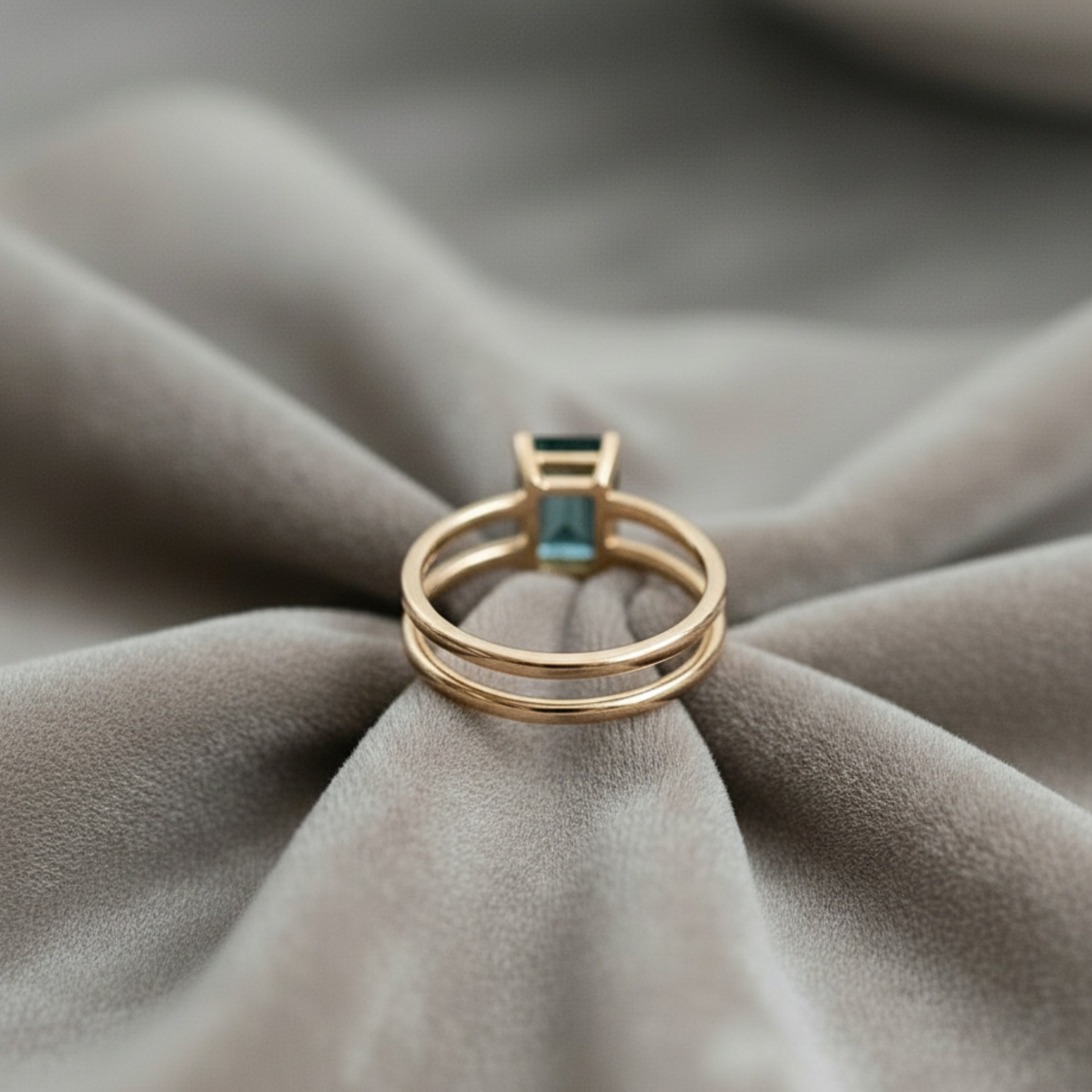 Unique Teal Sapphire Emerald Cut Engagement Ring, Vintage 14k Solid Gold Solitaire Double Band Bridal Wedding Ring, Art Deco Promise Ring