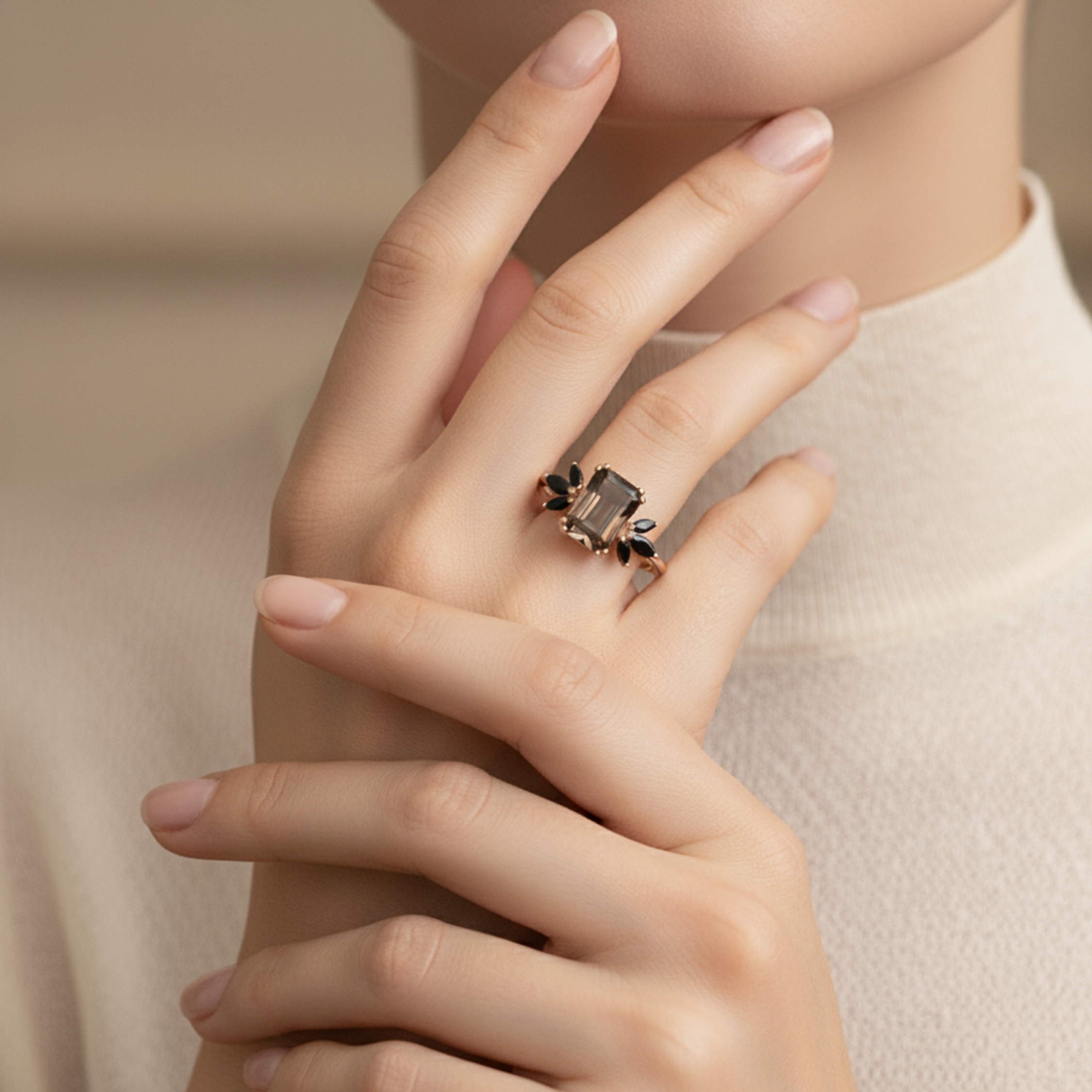 Emerald Cut Smoky Quartz & Marquise Black Onyx Ring, Solitaire Ring, 14K Rose Gold Smoky Quartz Engagement Ring, Anniversary Gift For Women