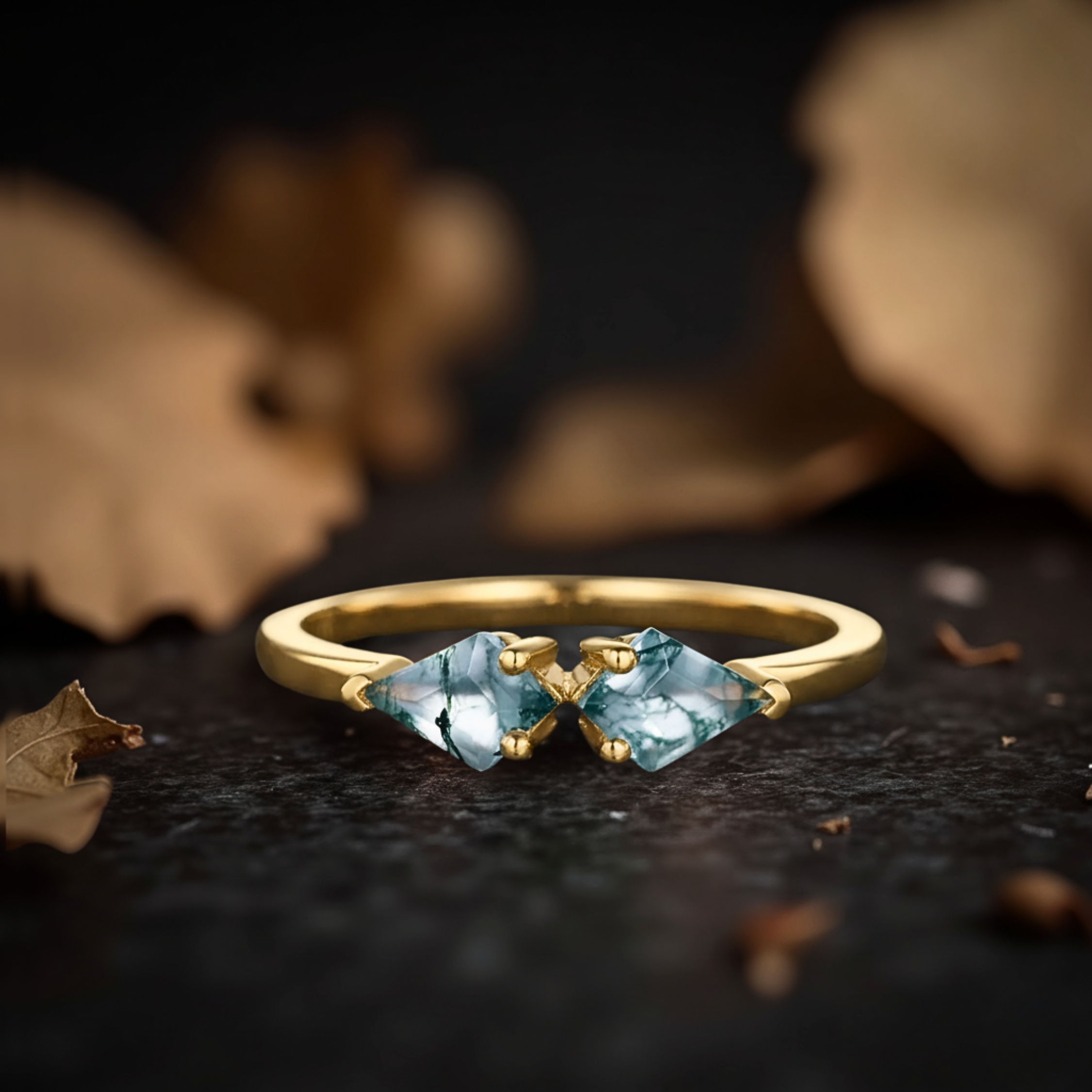 Unique Natural Kite Cut Green Moss Agate Engagement Ring, 14k Yellow gold Wedding Ring For Women, Vintage Bridal Jewelry, Anniversary Gift