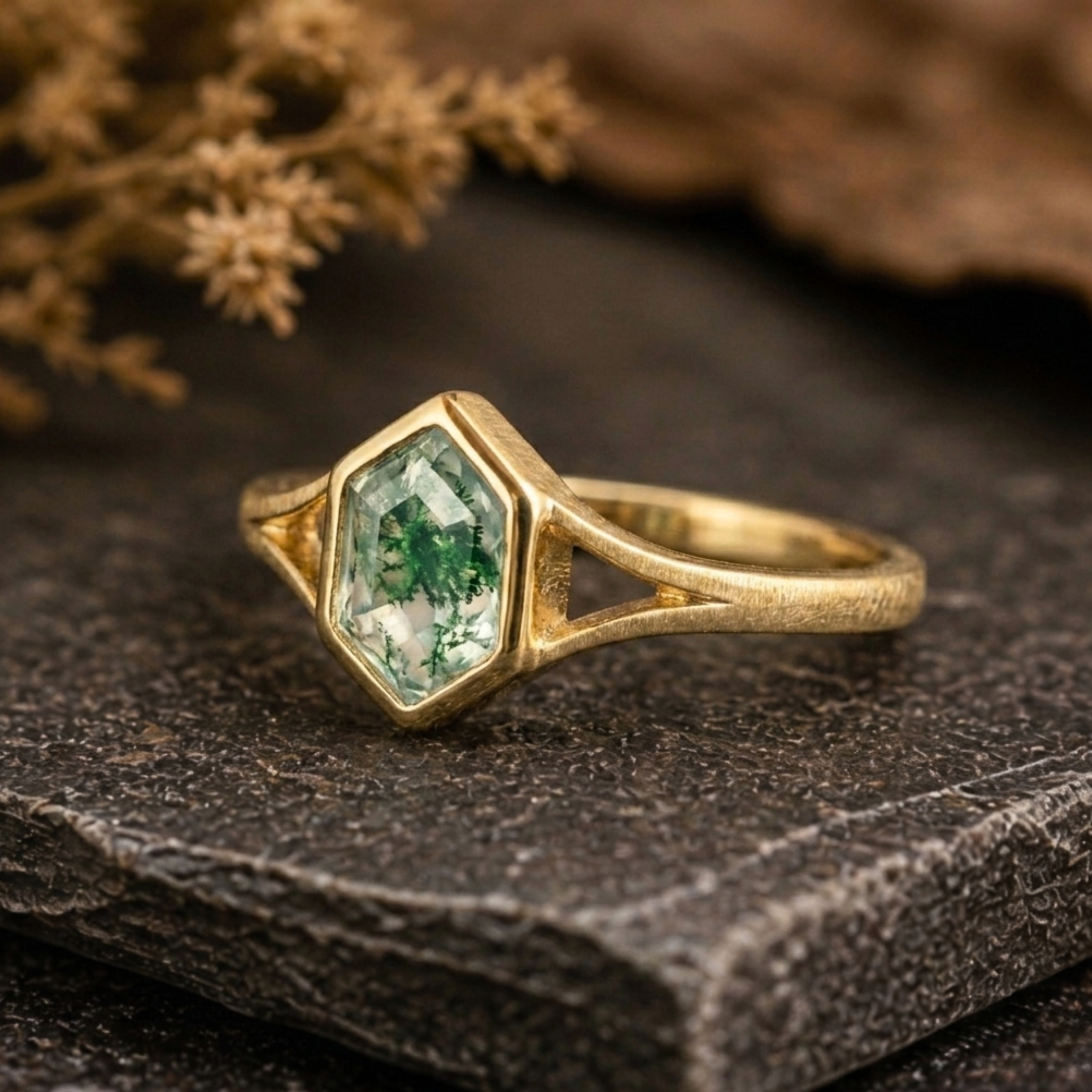 Vintage Art Deco Bezel Setting Moss Agate Ring, 14k Yellow Gold Promise Ring, Hexagon Cut Green Agate Engagement Ring, Promise Bridal Gift