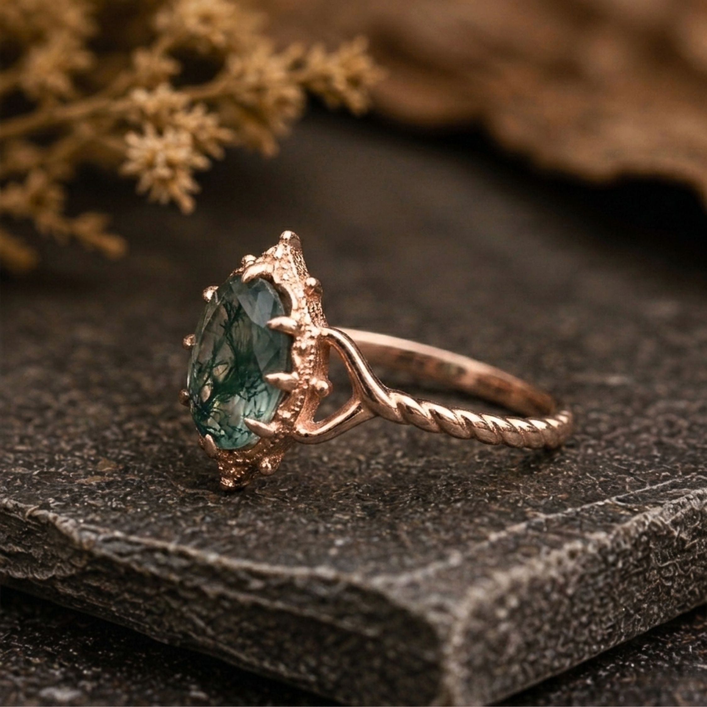 Art Deco Oval Moss Agate Engagement Ring, Vintage Style, Green Gemstone Bridal Anniversary Gift