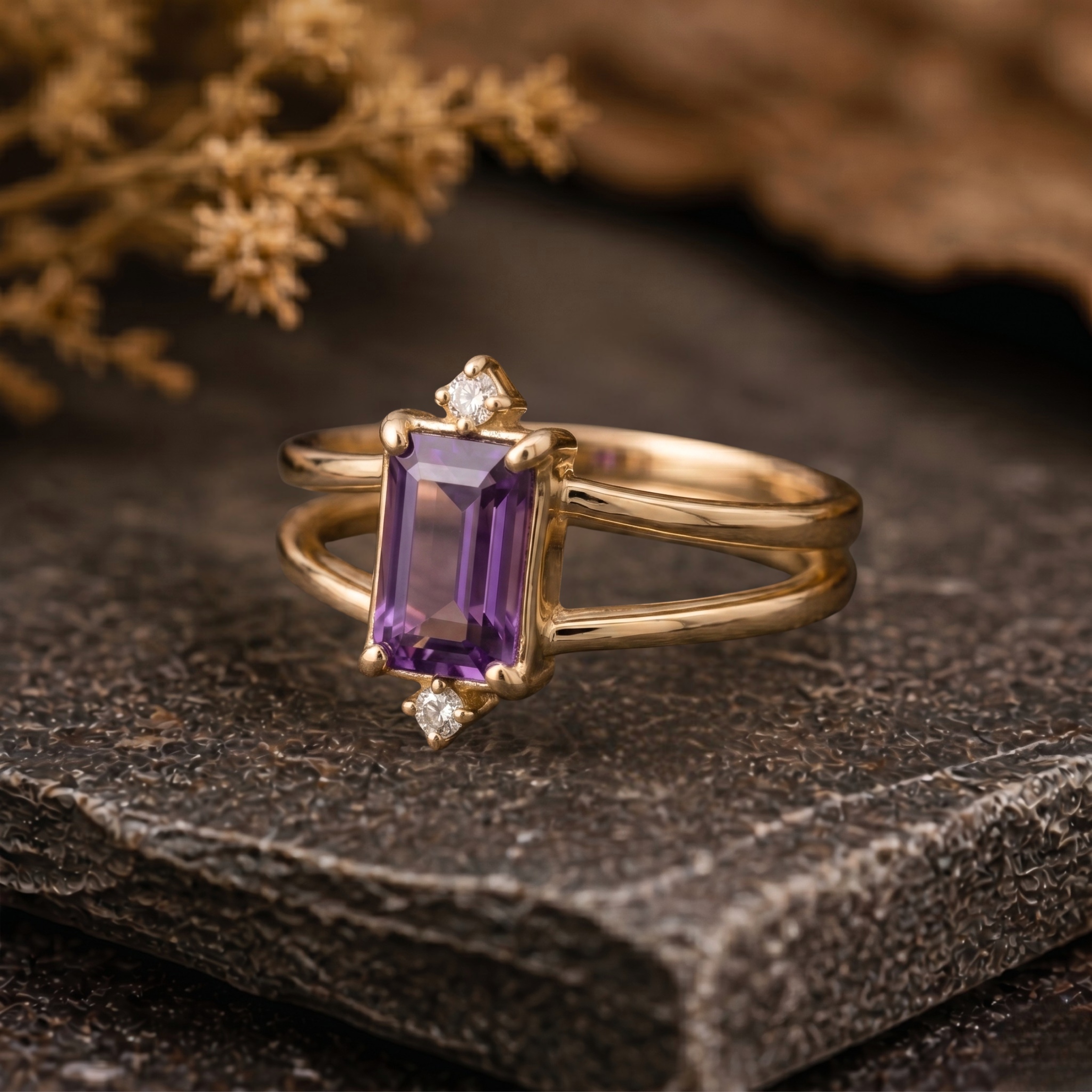 Amethyst Emerald Cut Solid Yellow Gold Engagement Women’s Ring | Moissanite Ring Fantasy Wedding Bridal Jewelry | Double Band Promise Gift