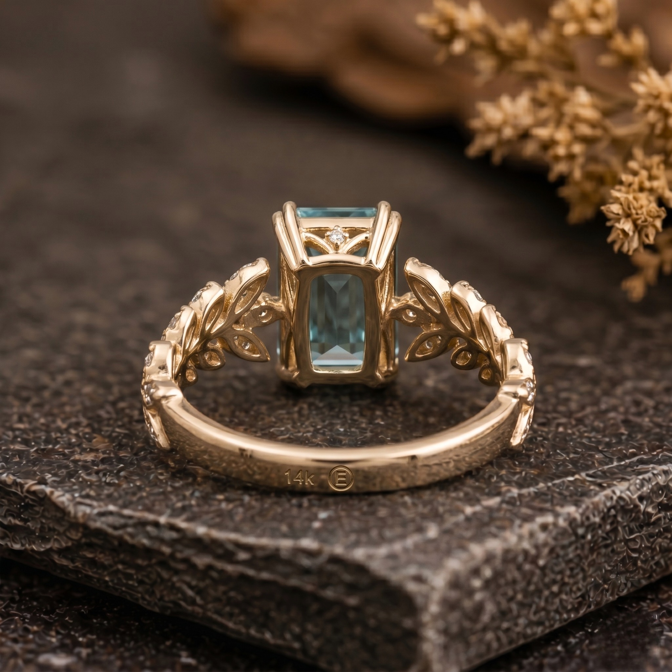 Emerald Cut Leaf Aquamarine Engagement Ring, Olive Branch Floral Thick Marriage Ring, Bridal Nature Inspired Leafy Ring For Women Vine Ring