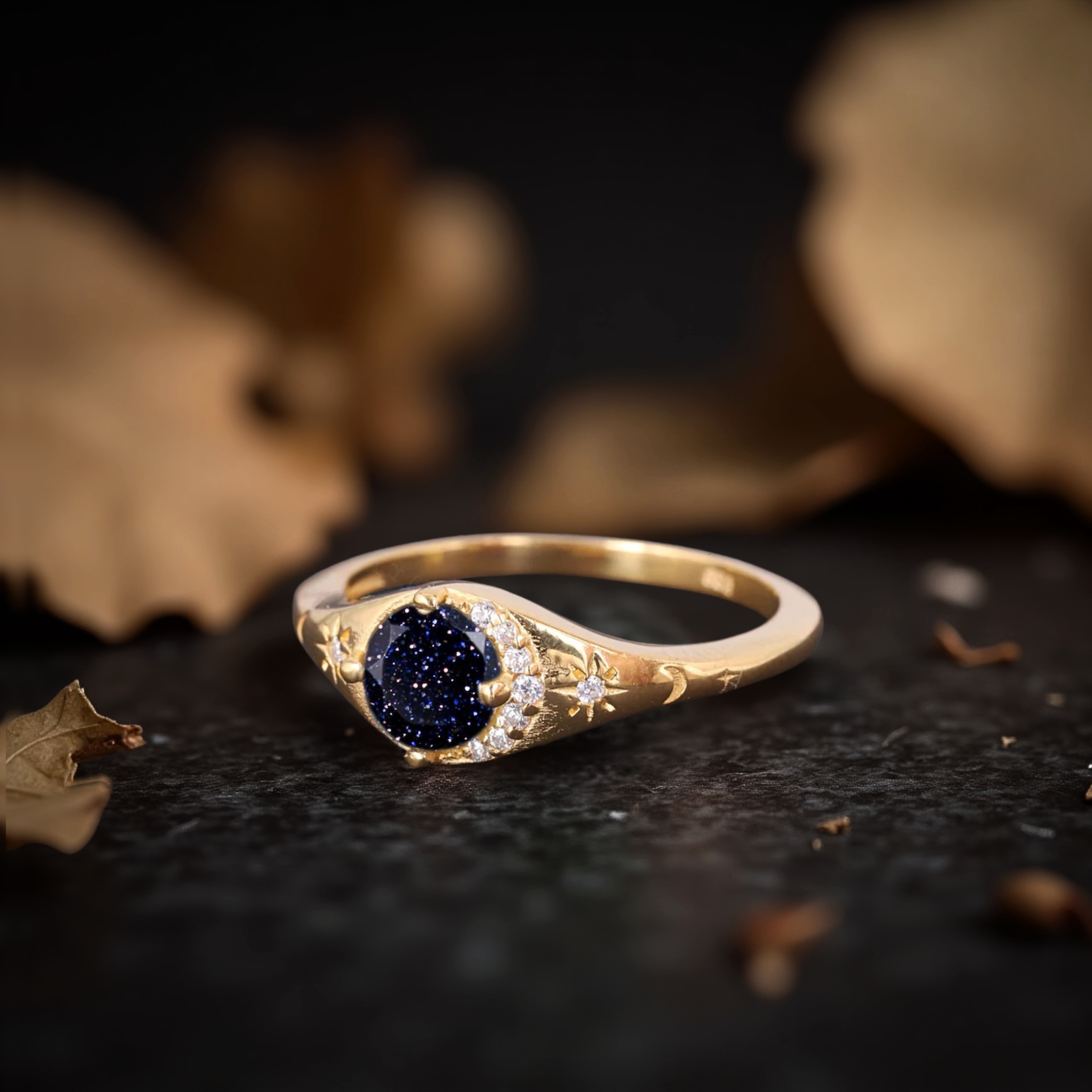 Blue Sandstone Diamond Ring, Moon Crescent Wedding Ring, Moissanite Moon And Star Ring, Minimalist Summer jewelry Gift Ring For Women
