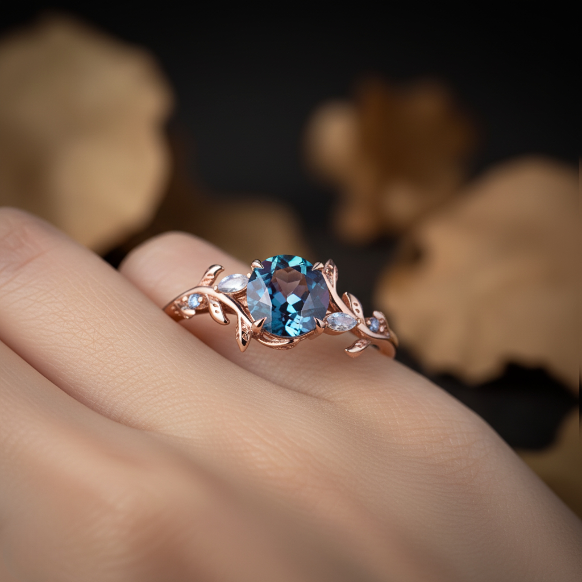 Vintage Round Alexandrite Engagement Ring, Moonstone Nature Inspired Wedding Ring, 14K Gold Delicate  Promise Ring, Anniversary Gift For Her