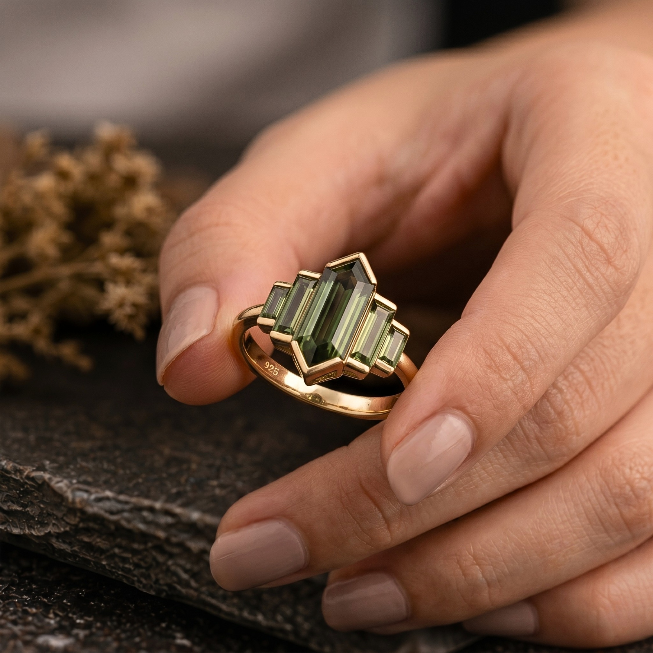Vintage Long Hexagon Cut Green Amethyst Ring, Art Deco Baguette Amethyst Engagement Ring, Promise Bridal Jewelry For Her, Anniversary Gift