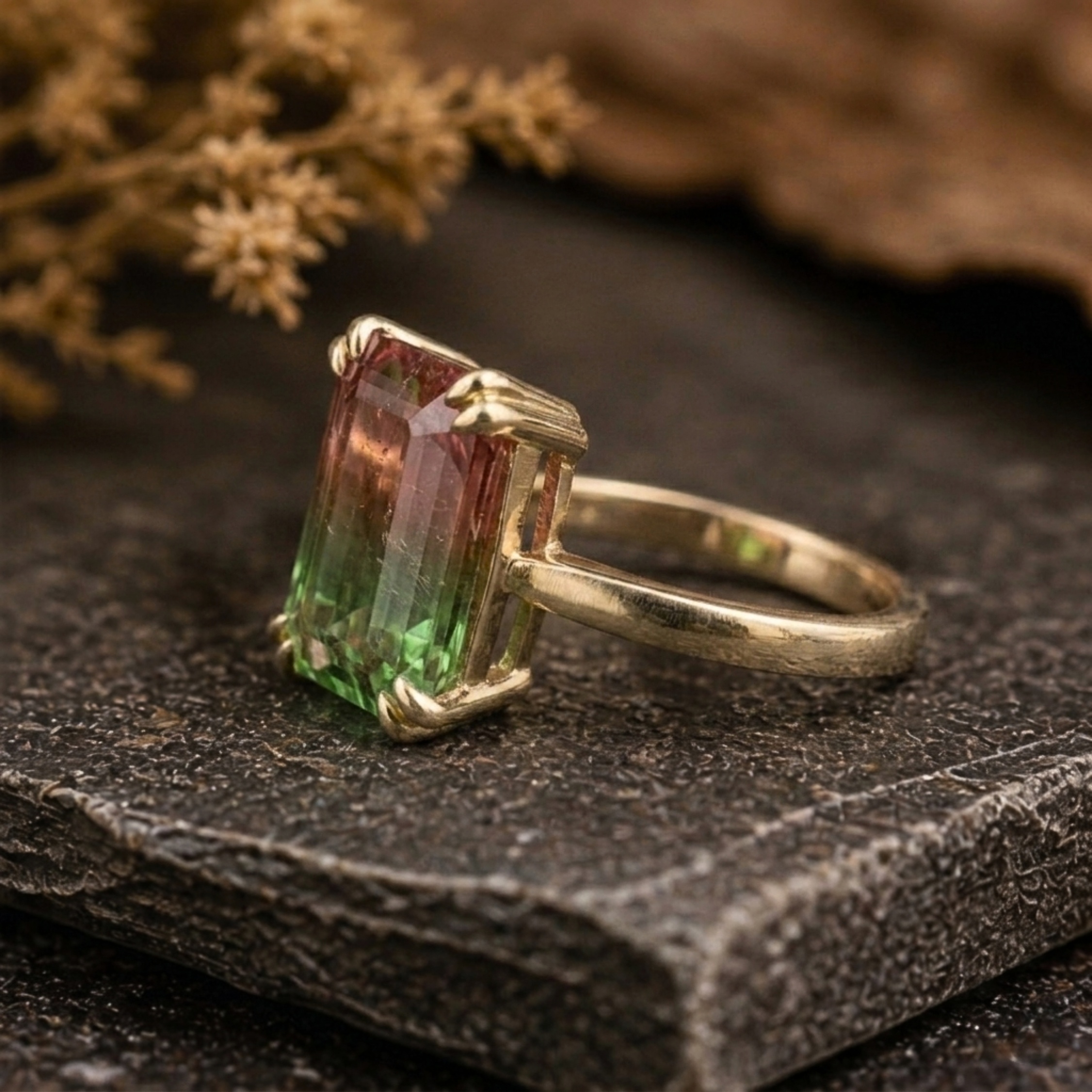 Emerald Cut Watermelon Tourmaline Ring, Bi-Color Pink/Green Engagement Ring, Art Deco Minimalist Wedding Ring Anniversary Birthday Gift Ring
