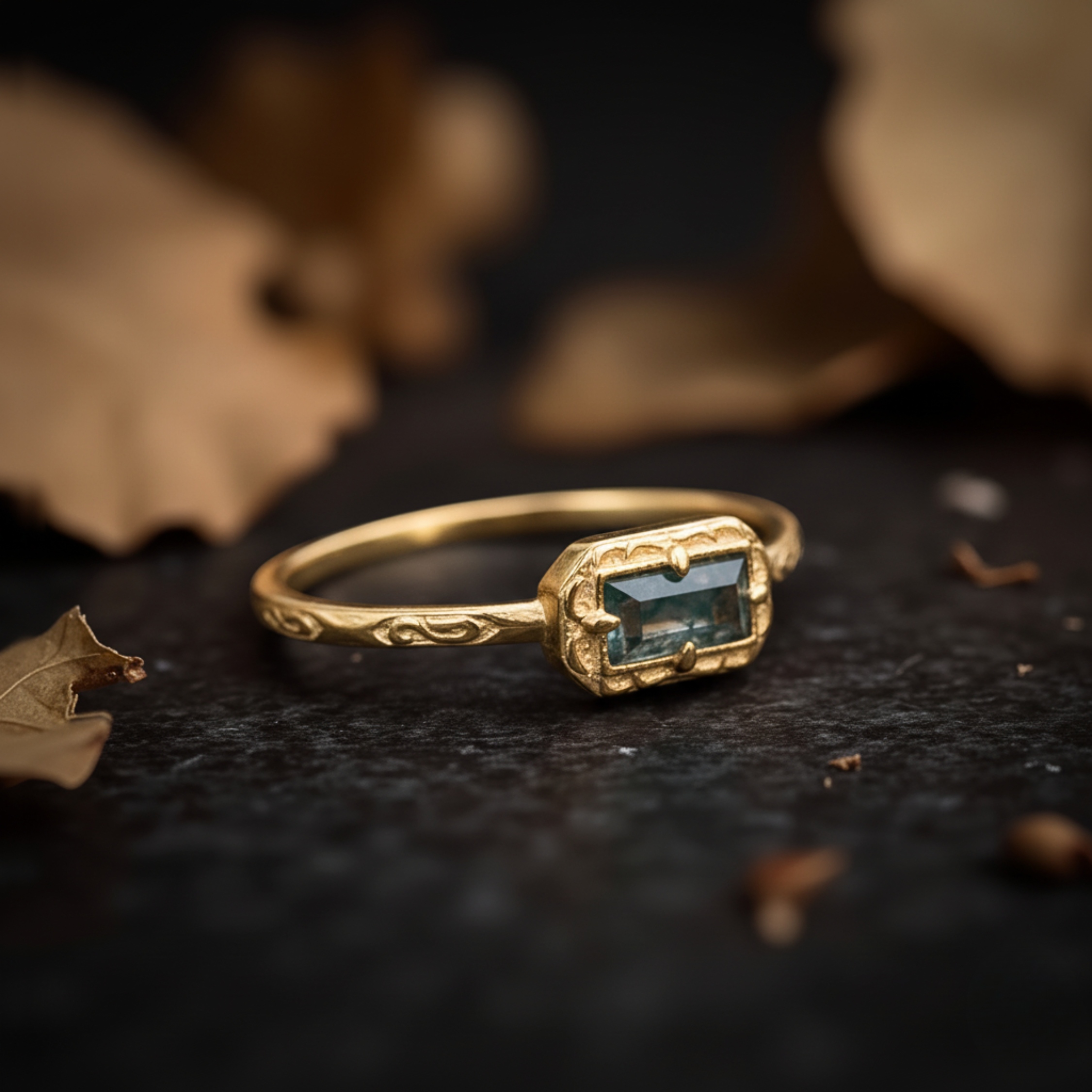 Baguette Moss Agate Wedding Ring, Baguette Cut Agate Vintage Ring, Promise Engagement Ring, Bridal Jewelry Anniversary Birthday Gift for Her